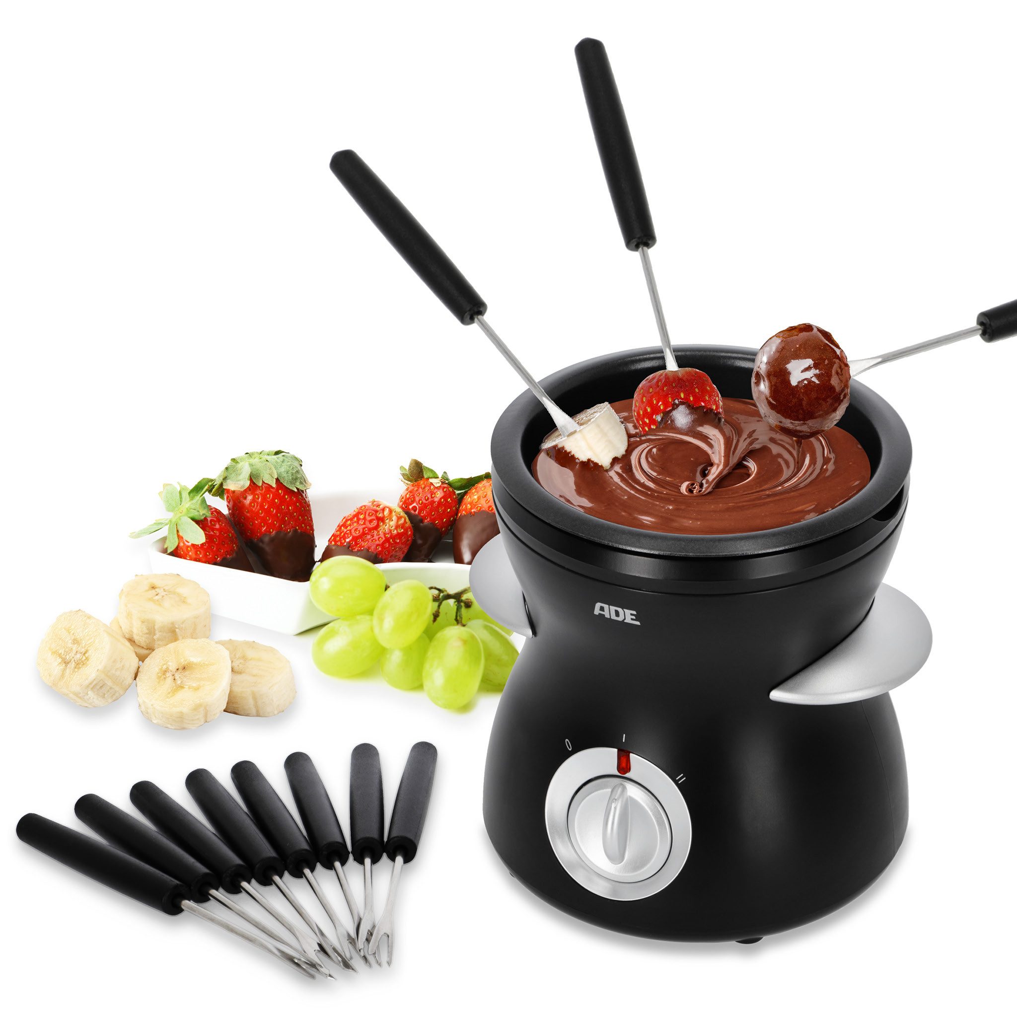 ADE Elektro-Fondue Elektrisches Schokofondue mit 2 Temperaturstufen, 0,25 l, inkl. Gabeln, herausnehmbare Schüssel, zum Schmelzen und Warmhalten