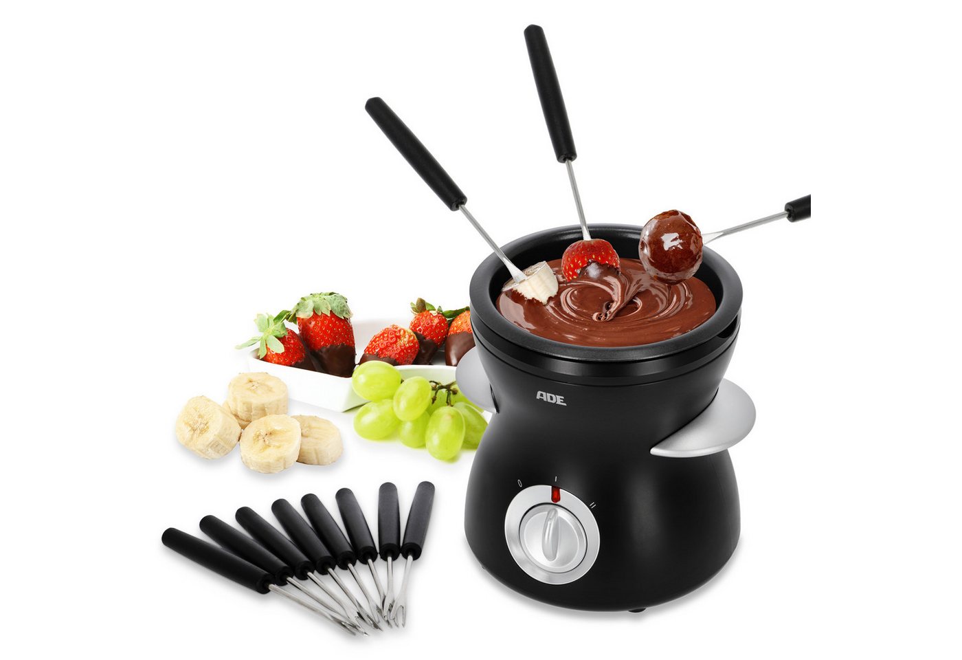 ADE Elektro-Fondue Elektrisches Schokofondue mit 2 Temperaturstufen, 0,25 l, inkl. Gabeln, herausnehmbare Schüssel, zum Schmelzen und Warmhalten