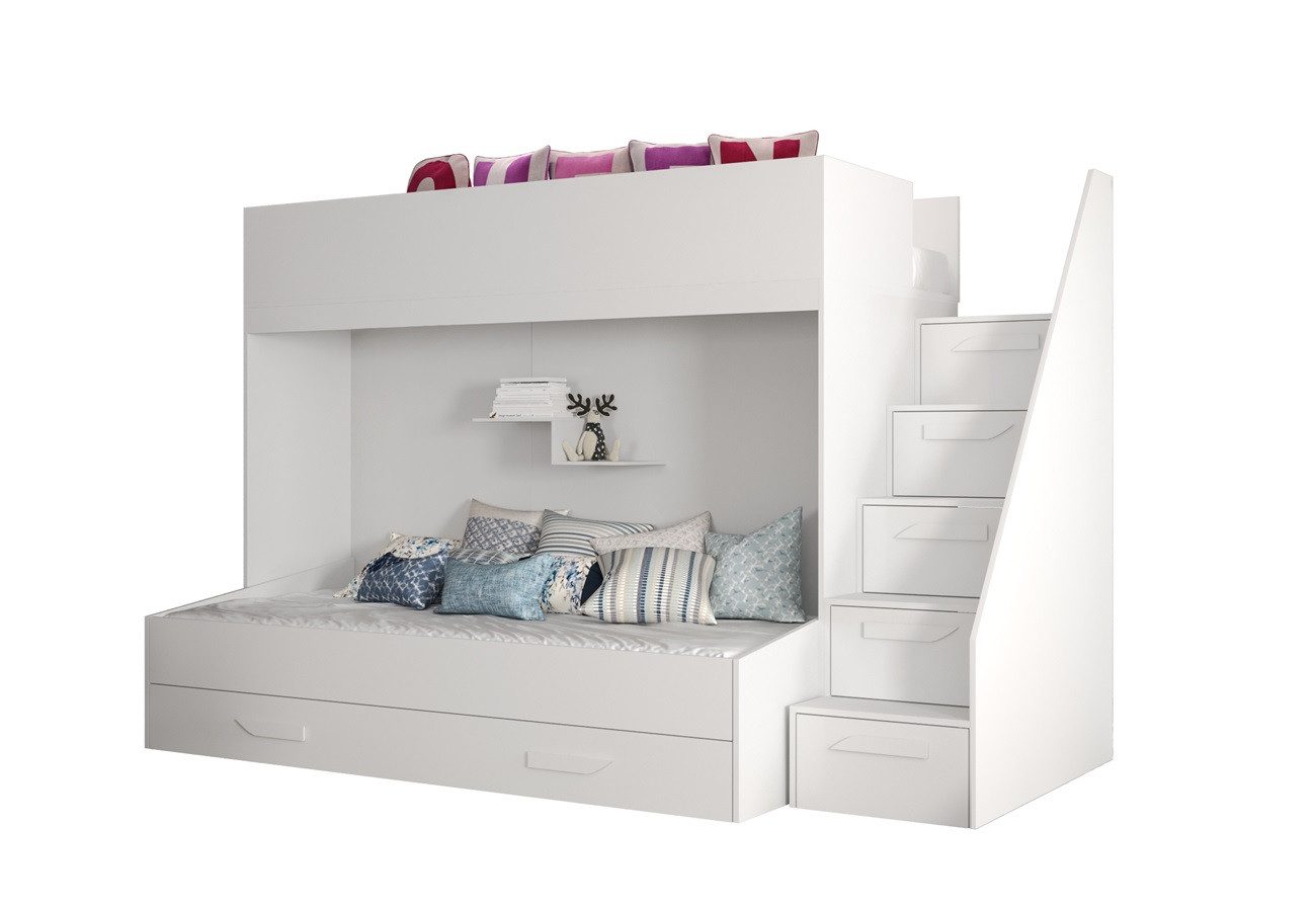 QMM TraumMöbel Hochbett Etagenbett "Paris 6" für 2 Kinder mit Schublade weiß (2 Liegeflächen) mit 2 Liegeflächen
