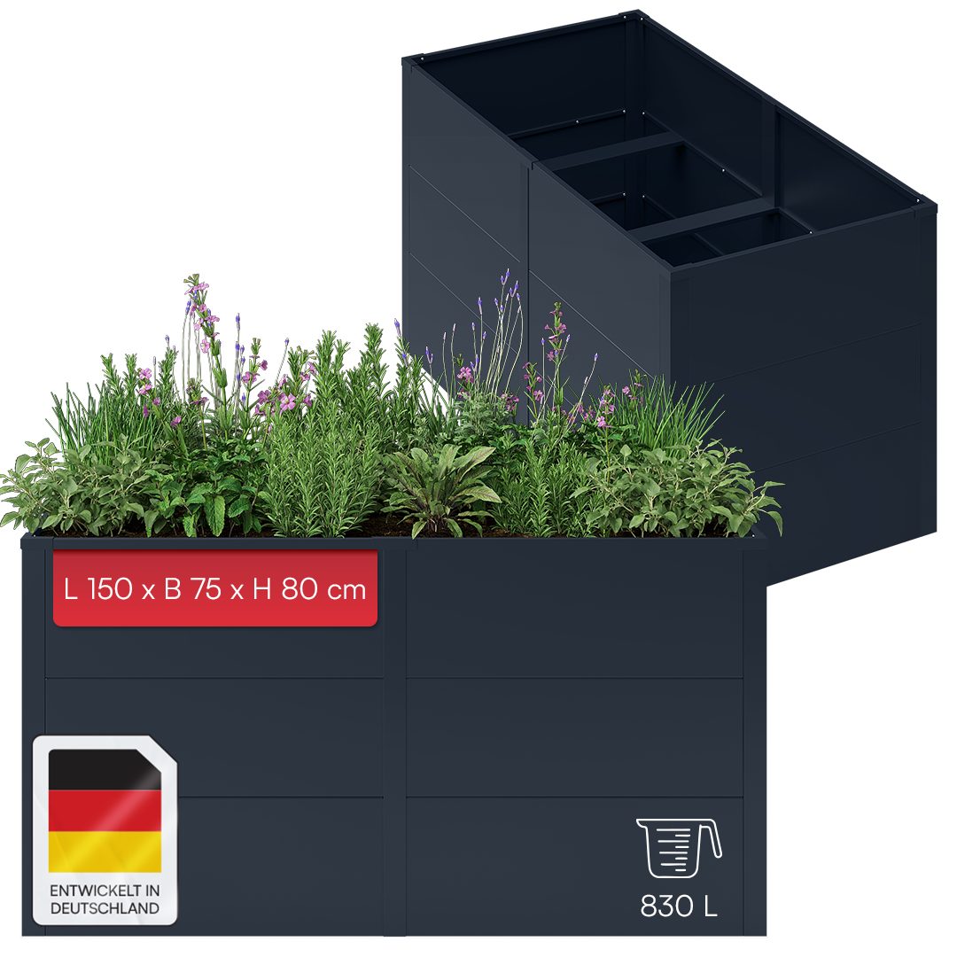 STEELSØN Hochbeet Icarus aus verzinktem Stahl, mit offener Bodenstruktur (Anthrazit, 1 St., 150 cm breit), Gartenbeet wetterfest, Pflanzenkübel für Garten & Balkon
