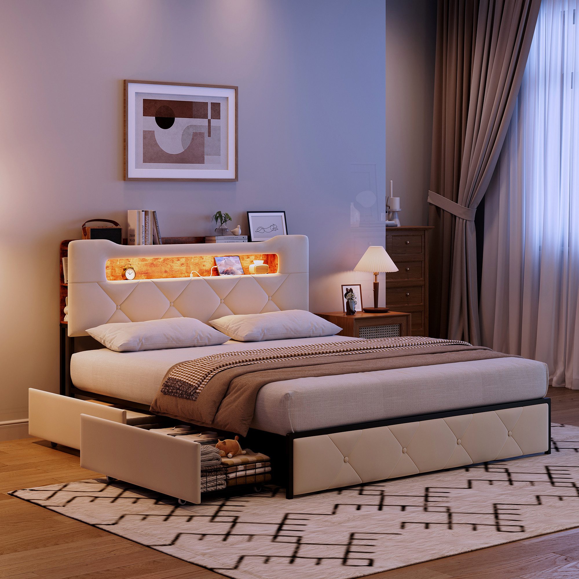 Simurq Polsterbett 140 x 200 mit LED und Stauraum Doppelbett mit 4 Schubladen (Jugendbett mit Ladestation, 2 USB- & 1 Typ-C, Samt, Keine Matratze), Stauraumbett mit Lattenrost, Doppelbett Schlafzimmer mit Kopfteil