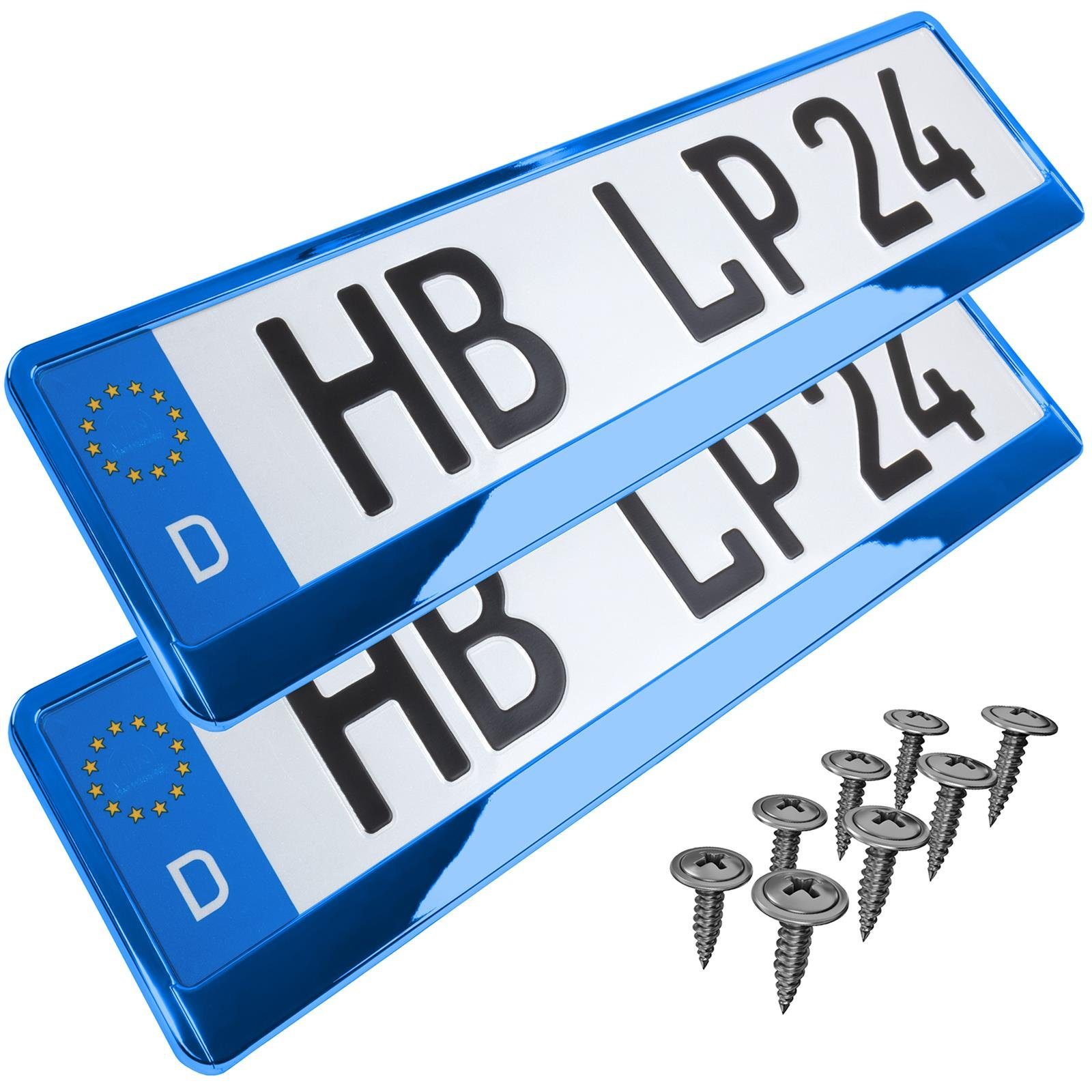 L & P Car Design Kennzeichenhalter für Auto in Blau-Chrom Kennzeichenhalterung, (2 Stück)
