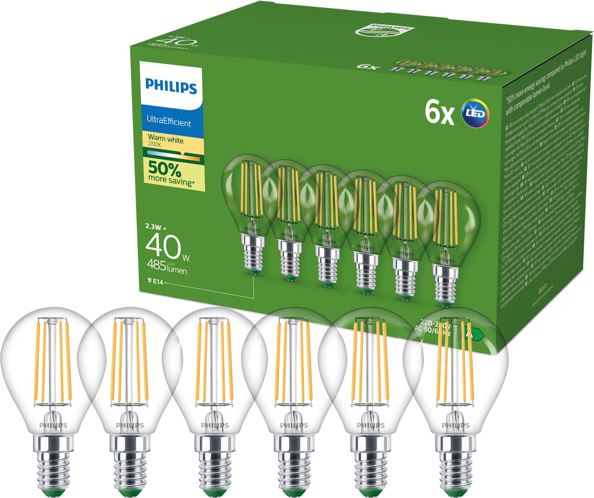 Philips LED-Leuchtmittel Ultraeffiziente E14, 6er-Pack, 100W, Warmweiß, E14, 6 St., Warmweiß, EyeComfort, Lange Lebensdauer, Klassisches Design, Klar