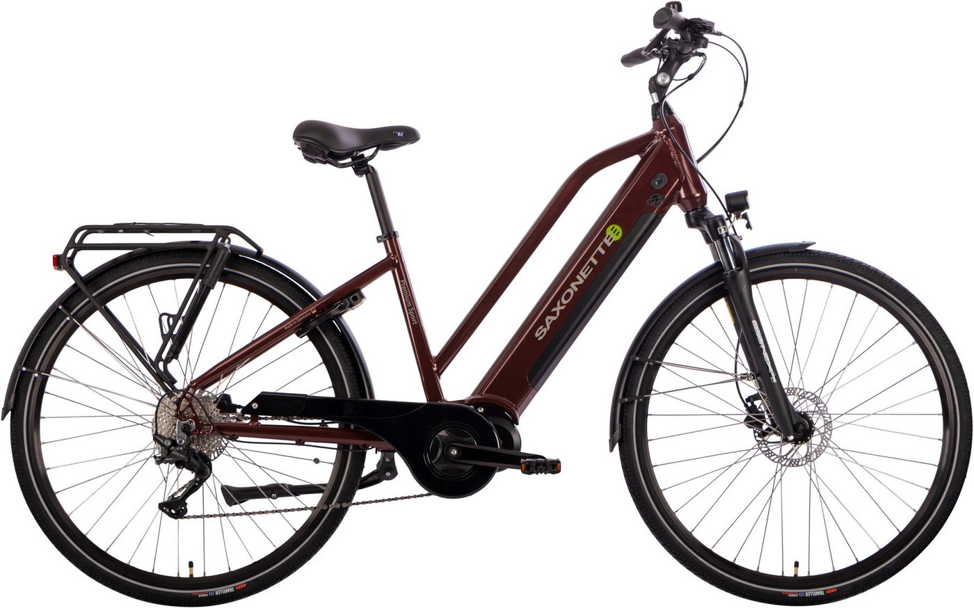 SAXONETTE E-Bike Trekkingrad Premium Sport (Trapez), 10 Gang, Kettenschaltung, Mittelmotor, 522 Wh, Pedelec, Elektrofahrrad für Damen