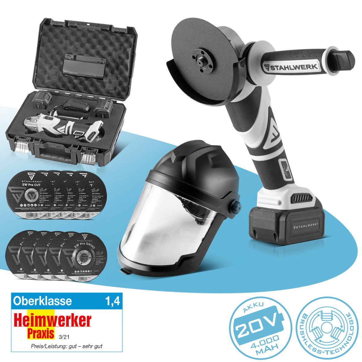 STAHLWERK Akku-Winkelschleifer Schleif-Set Brushless Akku-Winkelschleifer AWS-20 ST Schleifhelm, (3 tlg), Schweißer-Gripzangen inklusive Transportkoffer