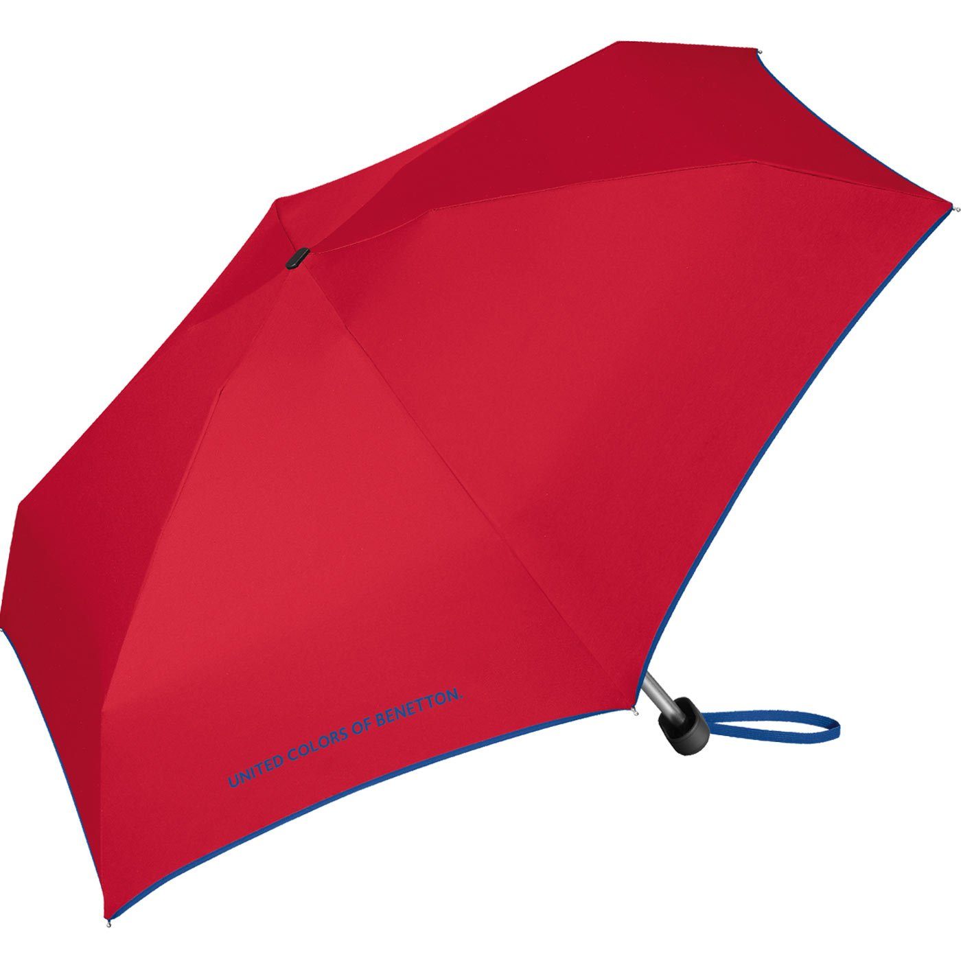 United Colors of - mit Schirmrand Taschenregenschirm winziger Handöffner, mit Kontrastfarben am rot-blau Benetton Damen-Regenschirm
