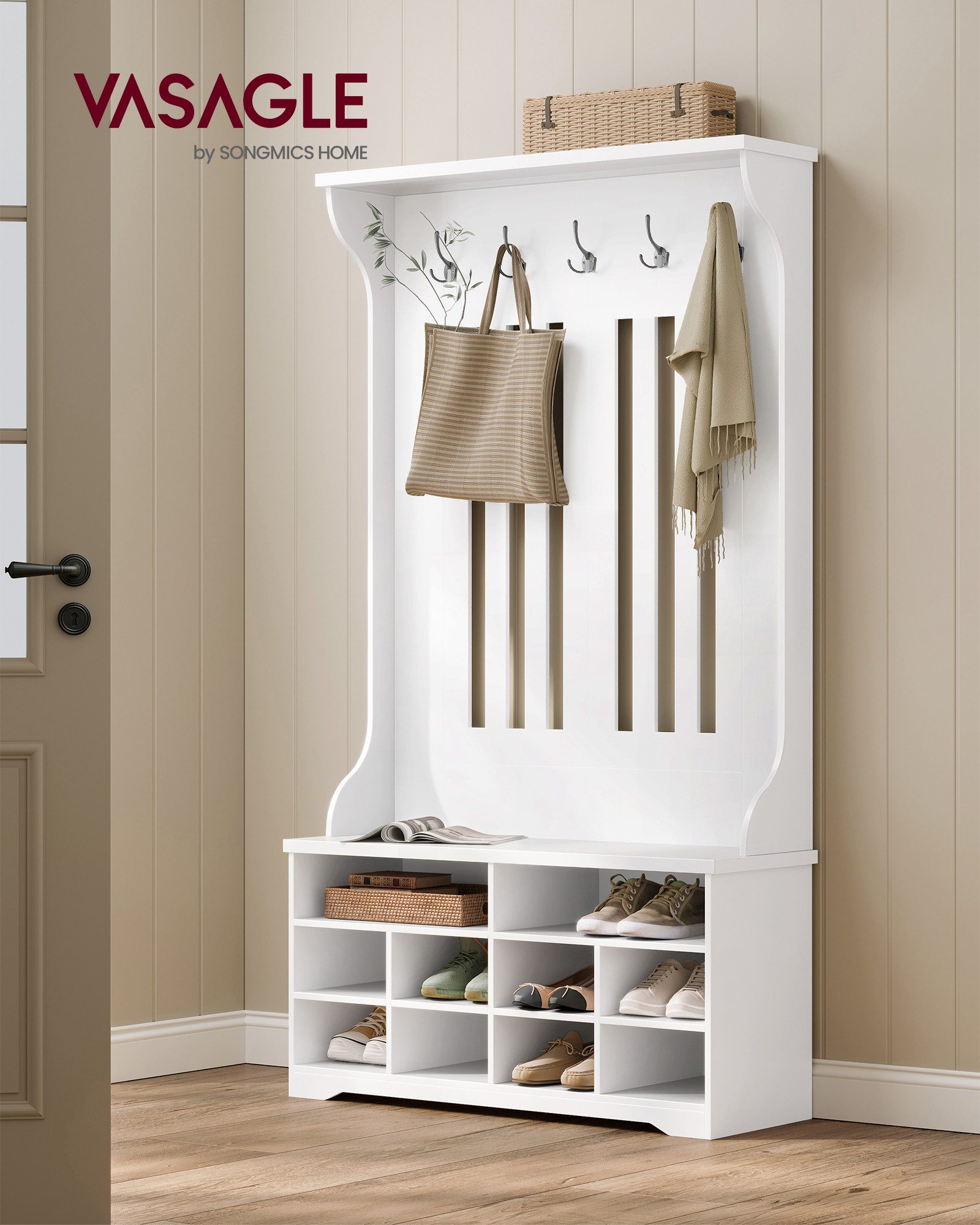 VASAGLE Garderobenständer Garderobe, Garderobenständer mit Schuhbank, Garderobe, Schuhaufbewahrung