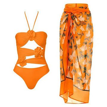 RUZU UG Schwimmanzug Damen Bademode hohler Mesh Hüftrock Blumen Sexy Badeanzug Badekleid
