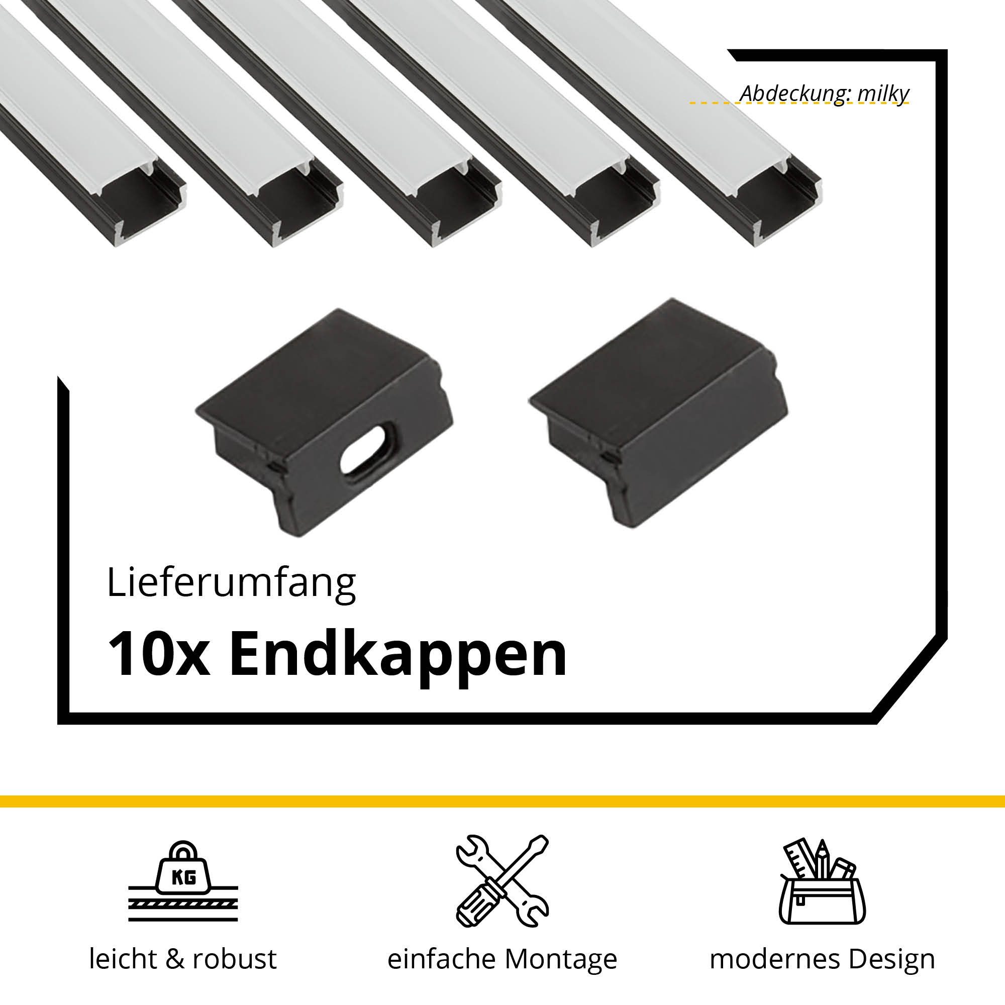 tktrading24 LED-Stripe-Profil 5x A15 LED Profil 2m - Schwarz inkl. Abdeckung, Halter & Endkappen – Bild 3 von 5
