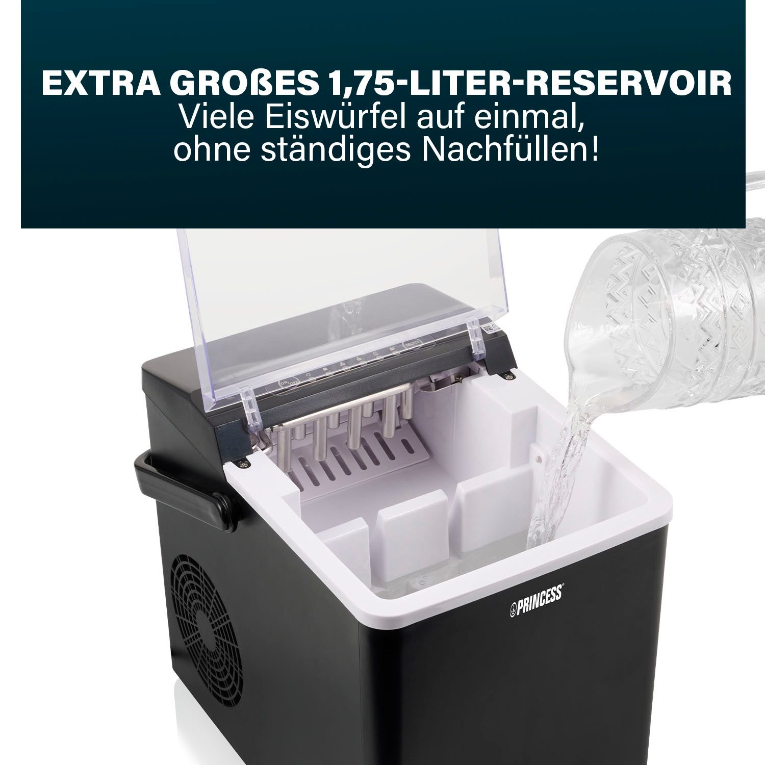 PRINCESS Eiswürfelmaschine 283098, XXL - 1,75 L - 9 Eiswürfel in 6 Min. - Selbstreinigung