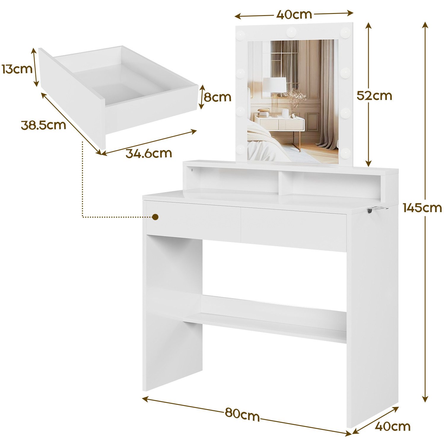 HOMALL Schminktisch Mit LED-Beleuchtung Drei Farbtemperaturen Einstellbare Helligkeit (Produktgröße 80*40*145cm mit 2 Schubladen Mehrere Ablagefächer)