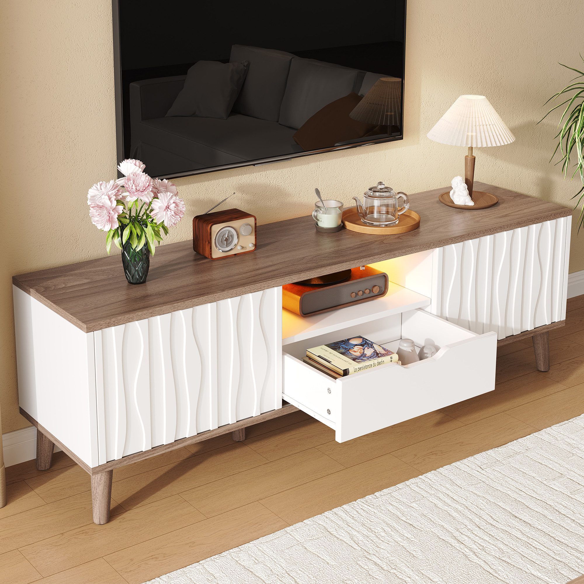 STILVORA Lowboard Moderner TV-Schrank TV Ständer mit Schiebetür und LED für 70" TV (LED TV-Schrank, 160×40×52 cm, für 70", MDF, Weiß, modern, 1 TV-Board mit Schiebetüren, offenem Fach, Kabelöffnung), RGB LED App-Steuerung, 3D Türen, Kabelmanagement