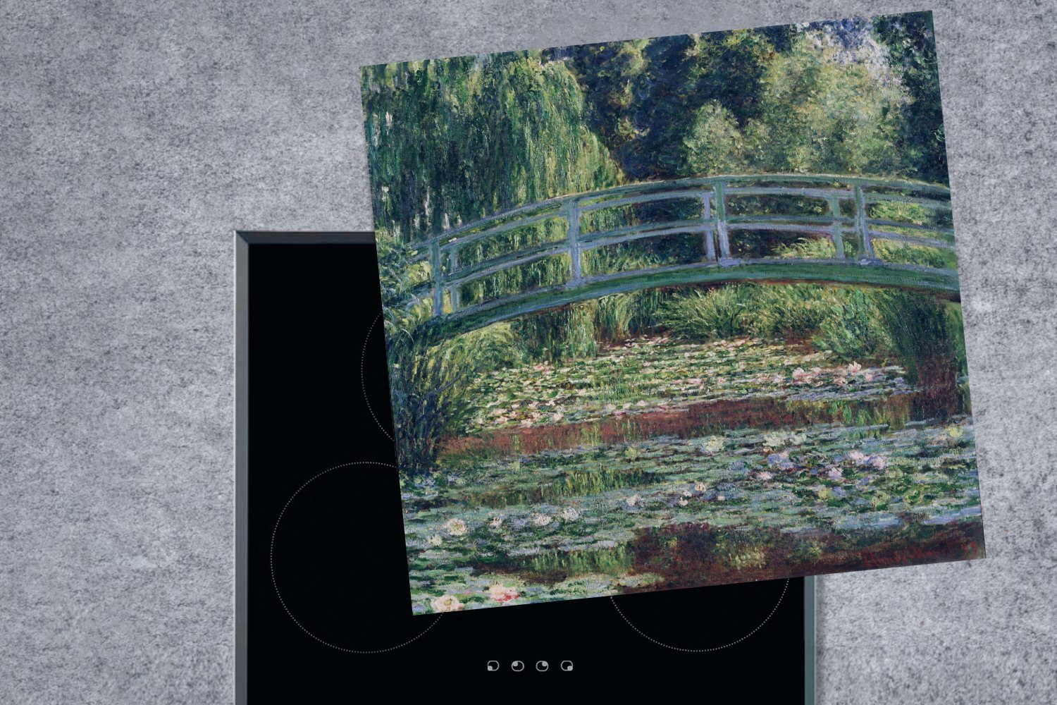 MuchoWow Herdblende-/Abdeckplatte - Arbeitsplatte tlg), für Seerosen Brücke 78x78 Die küche die Claude Monet, Vinyl, cm, und (1 Ceranfeldabdeckung, japanische