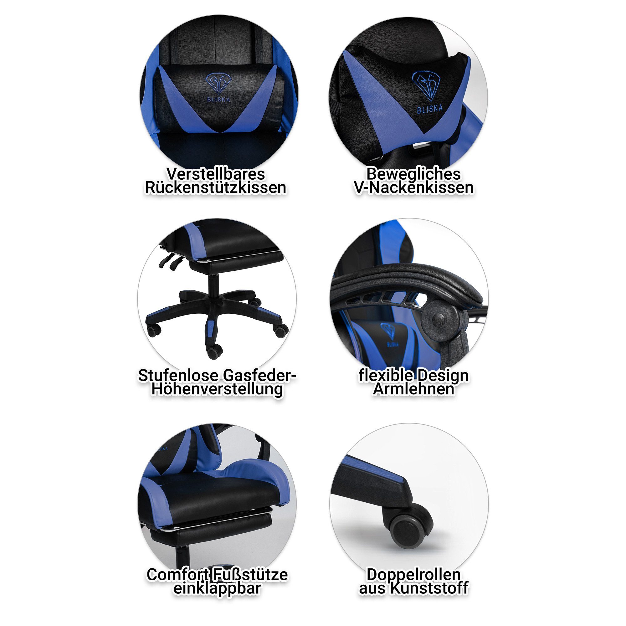 TRISENS Chefsessel Konrad (1 Chair Design-Armlehnen / Gaming flexiblen Blau Stück), Stuhl mit Gaming Schwarz mit Fußstütze