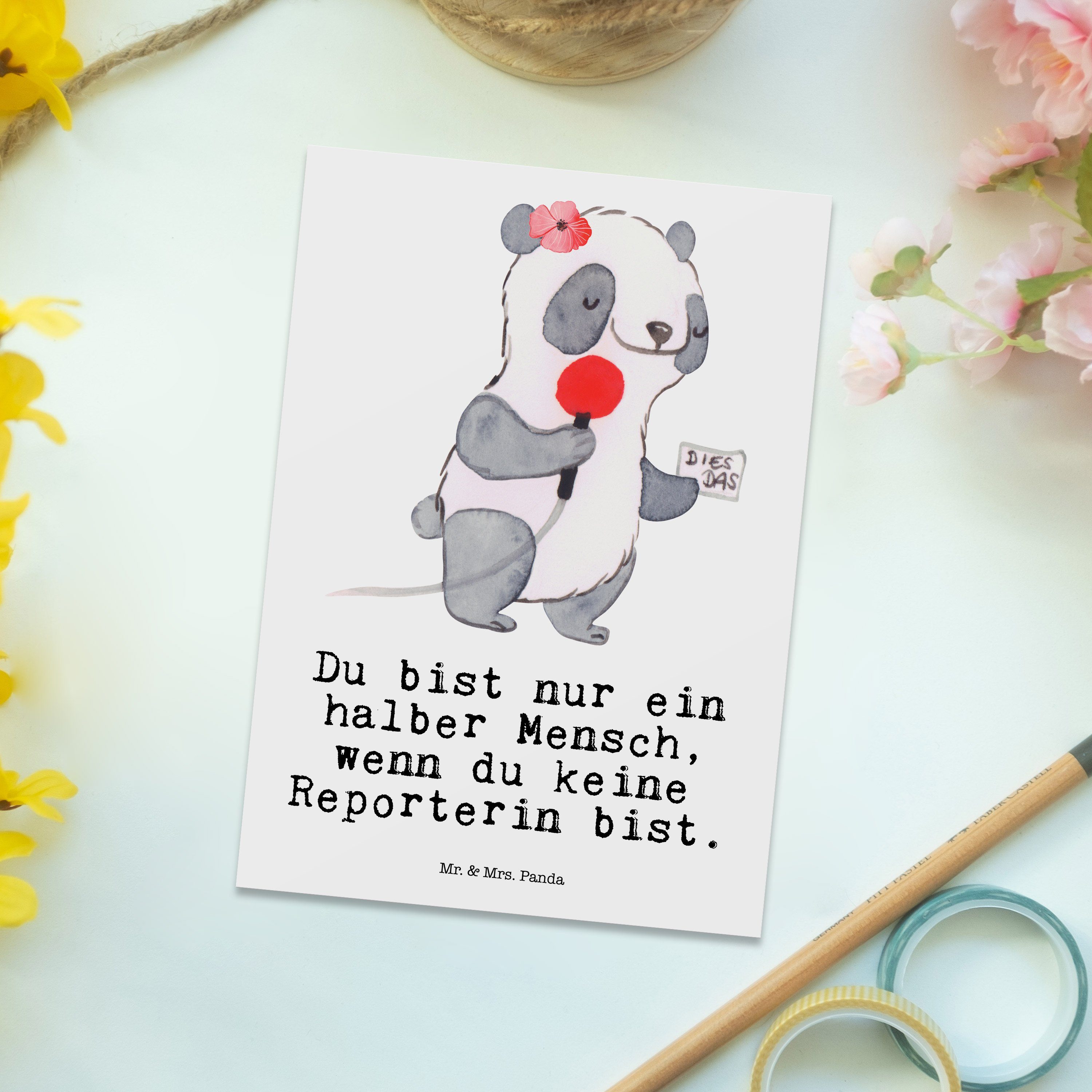 Grußkarte, Panda Weiß Reporterin & Herz Mrs. mit Mr. Danke, Geschenk, Postkarte - Dankeschön -