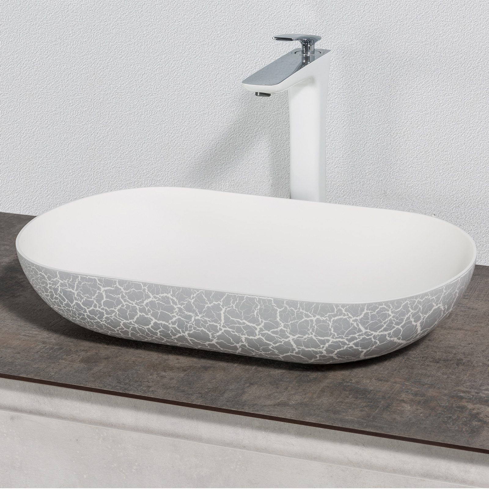 Bernstein Aufsatzwaschbecken O-540 OCEAN 54cm Vintage Grau, Aufsatzwaschbecken Vintage Krakelier-Optik inkl Pop-up
