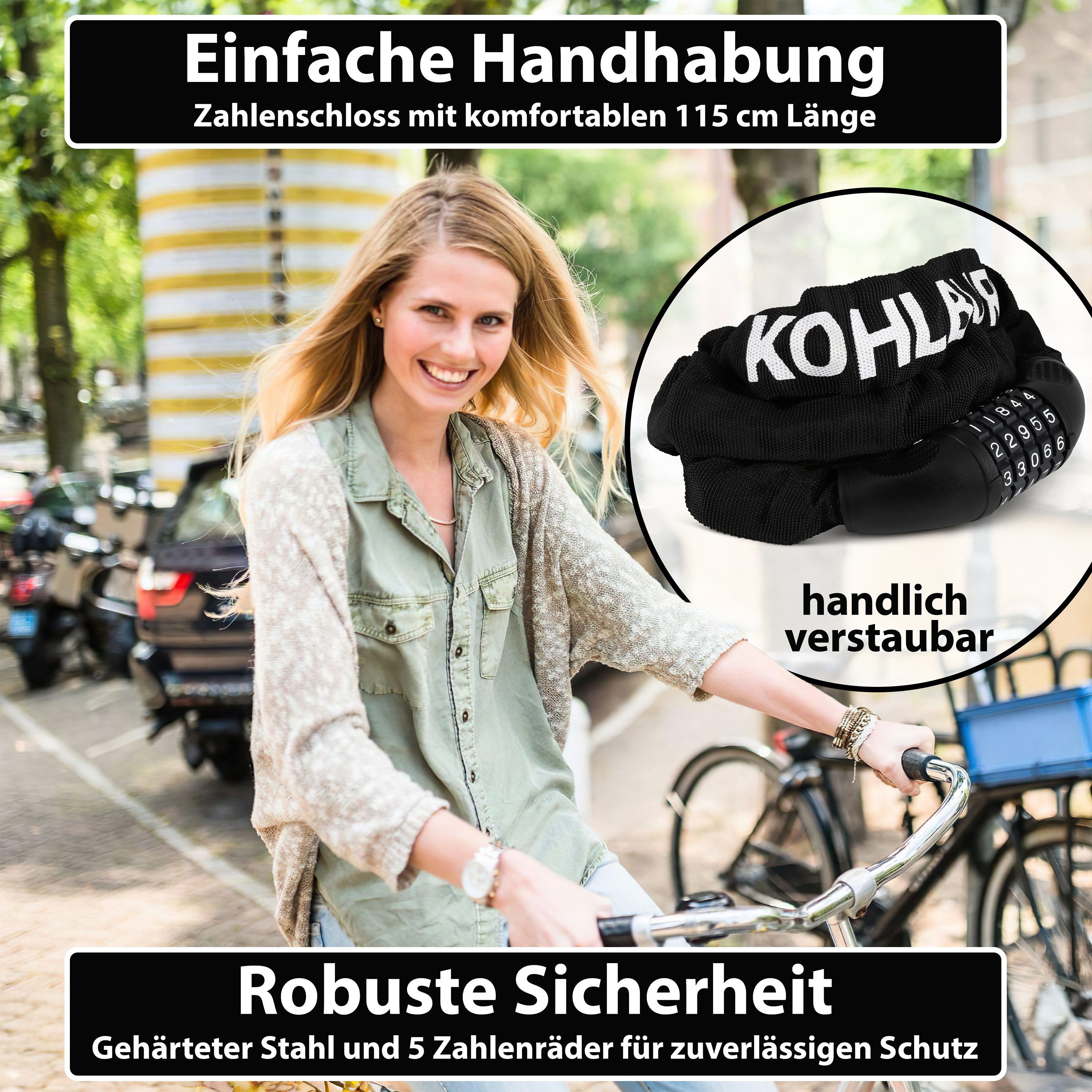 KOHLBURG Zahlenkettenschloss [115cm lang & 6mm stark] mit Zahlencode, sicheres Fahrradschloss [5-stellige Kombination] für Fahrrad & E-Bike
