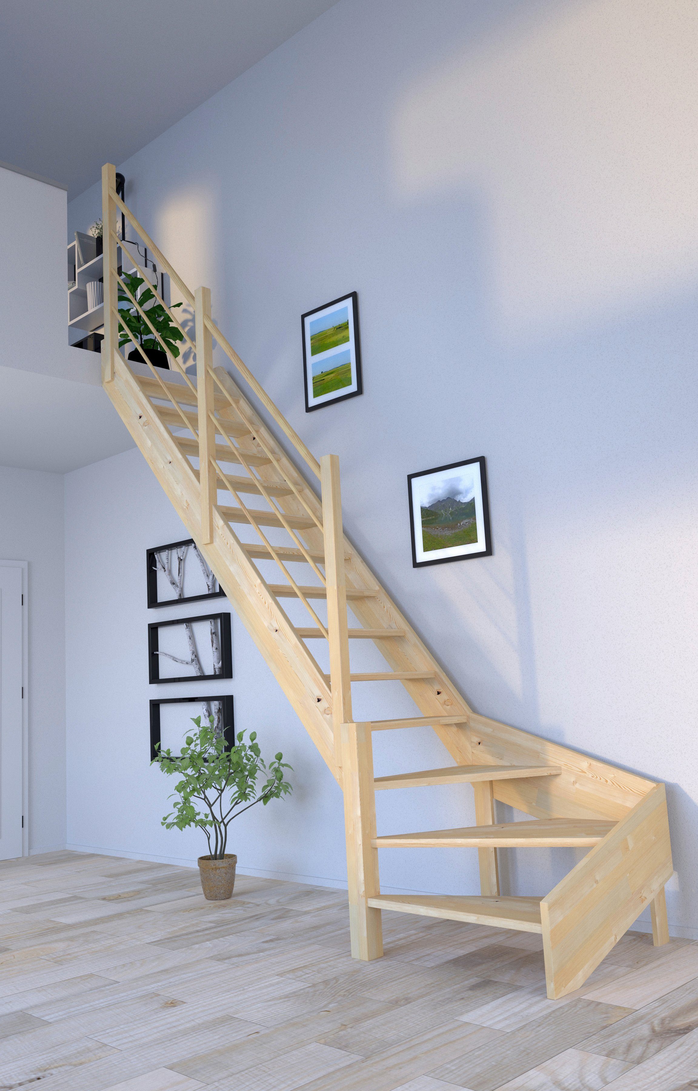Starwood Raumspartreppe Massivholz Korfu, Holz-Holz Design Geländer, für Geschosshöhen bis 300 cm, Stufen offen, gewendelt Links, Durchgehende Wangenteile | Treppen