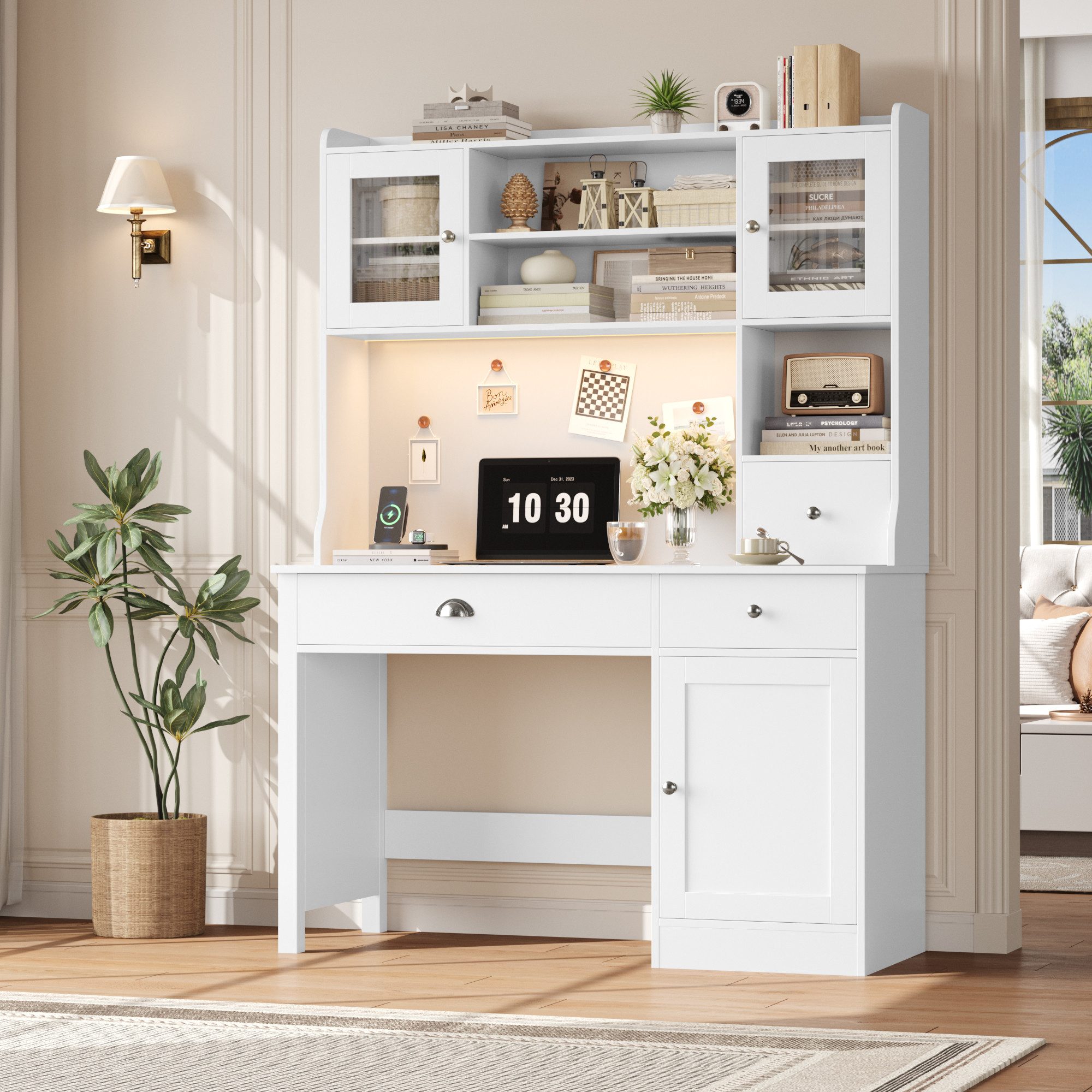 Homfa Schreibtisch mit LED, 2 Steckdosen und 2 USB, Schminktisch Computerti günstig online kaufen