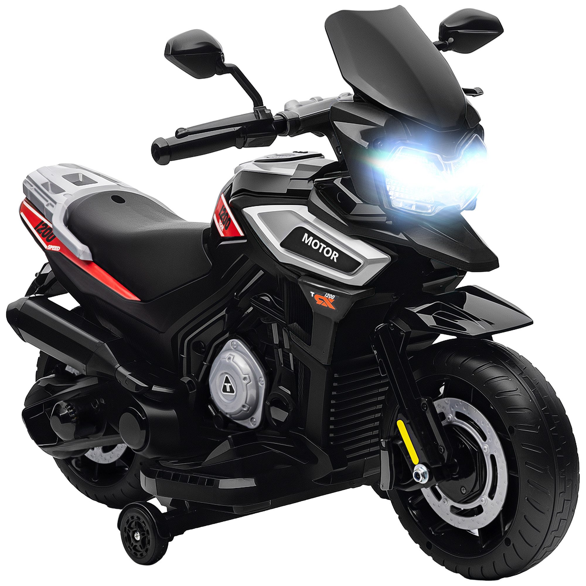 AIYAPLAY Elektro-Kindermotorrad 6V Elektromotorrad mit 2 Hilfsrädern, Beleuchtung, Musik, Belastbarkeit 30 kg, (1-tlg), für Kinder von 18-36 Monaten, Schwarz
