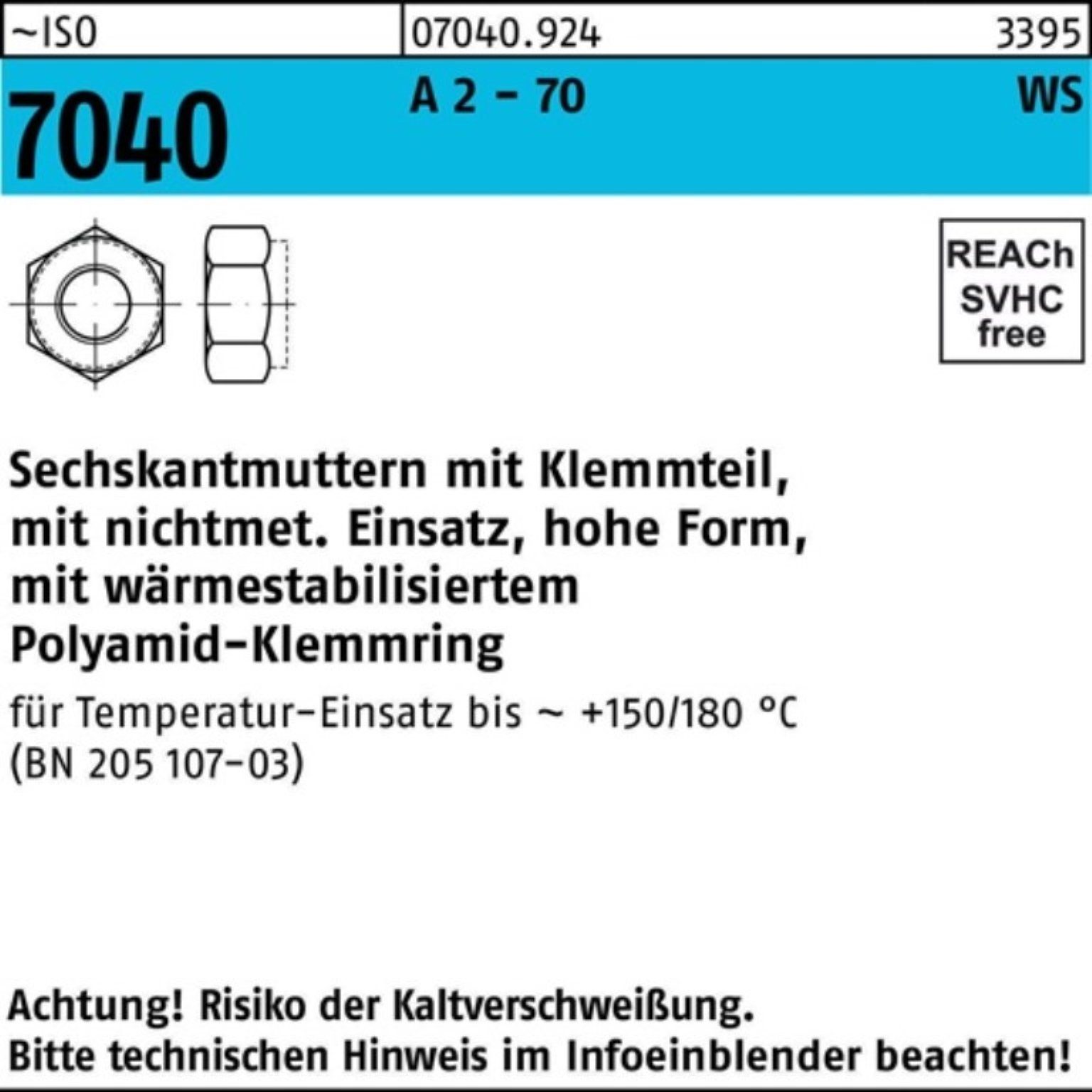 70 Pack Klemmteil 7040 2 M3 brauner Muttern Sechskantmutter Reyher - 1000er ISO Rin A