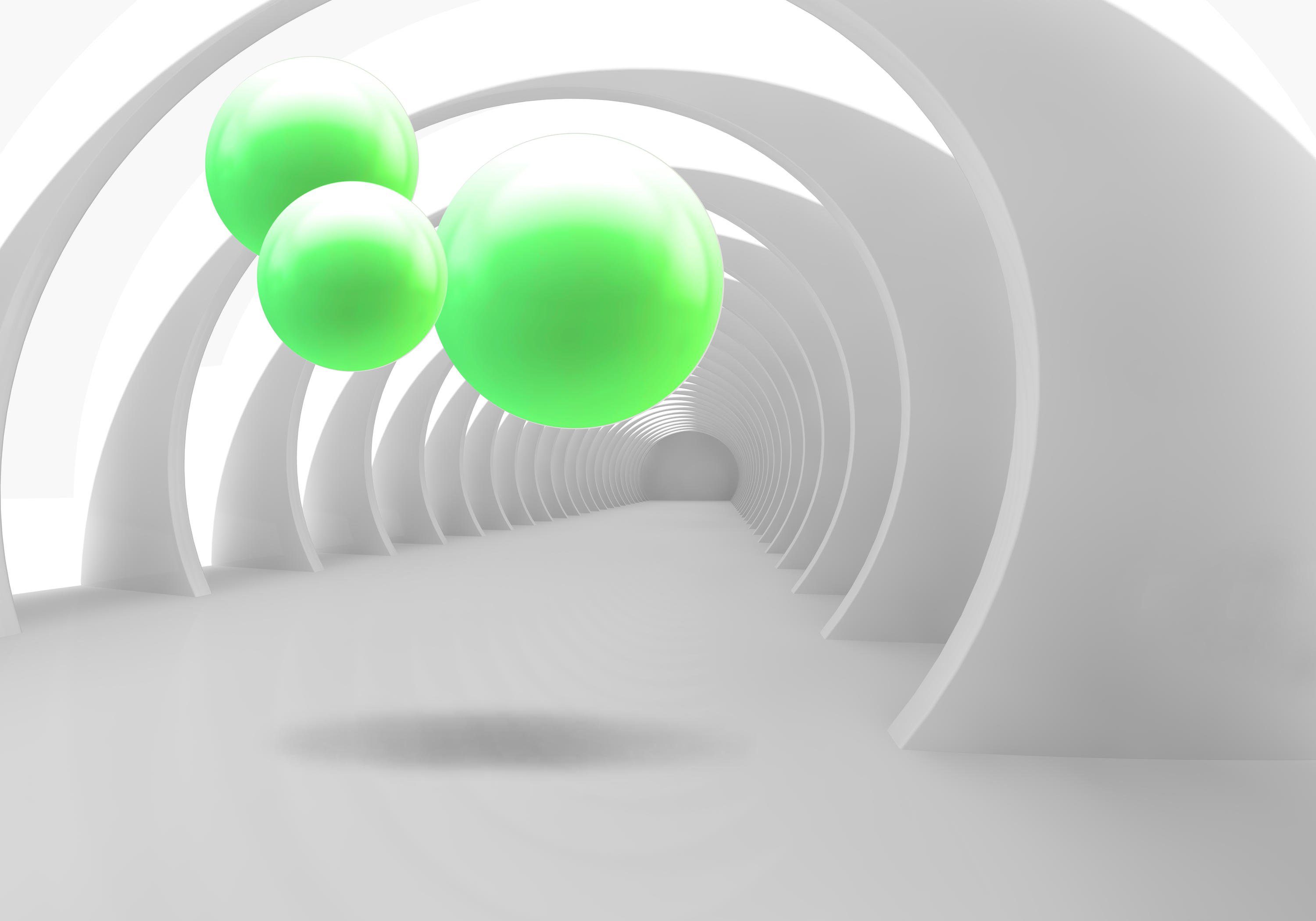 wandmotiv24 Fototapete weiss Korridor 3D hell grün Kugeln, strukturiert, Wandtapete, Motivtapete, matt, Vinyltapete, selbstklebend