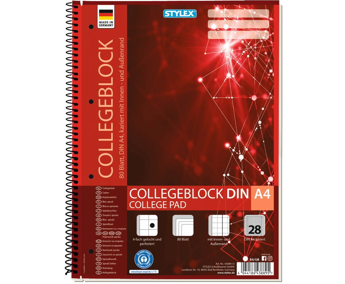 Stylex Collegeblock STY Collegeblock mit Rand A4 kariert 80 Blatt perf.
