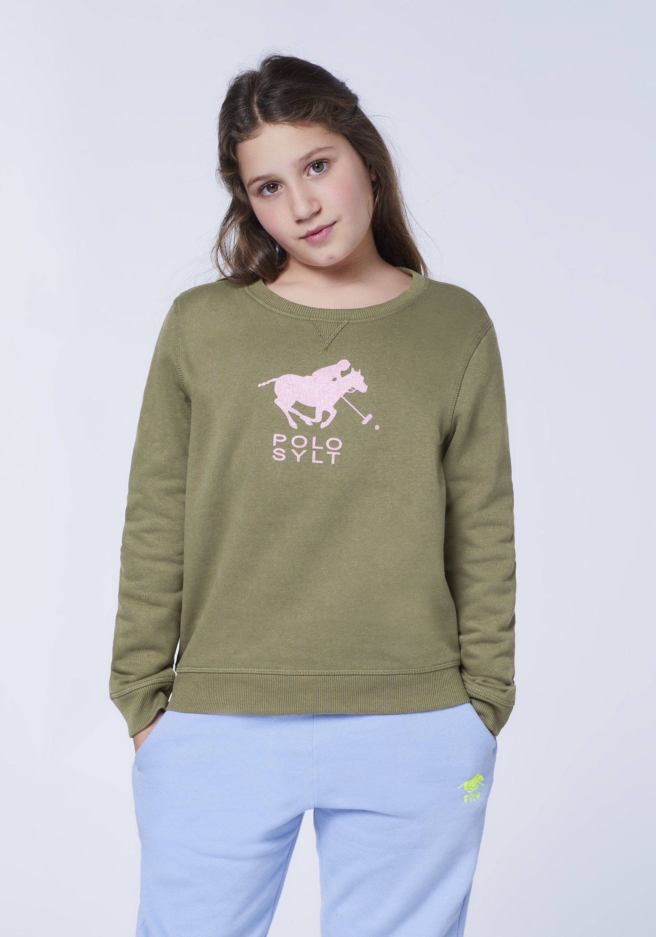 mit Burnt Polo Sweatshirt 18-0521 Glitzer-Label-Print Sylt Olive