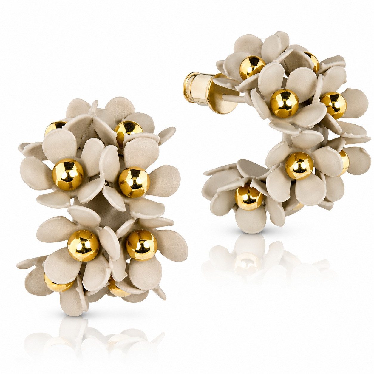 LUISIA® Paar Ohrstecker Halb Creolen Ohrringe "Mia" mit Blüten (2-tlg., inkl. Schmuckbox), 16 Karat vergoldet