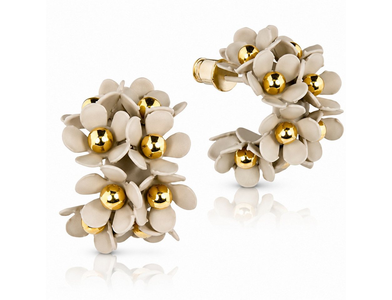 LUISIA® Paar Ohrstecker Halb Creolen Ohrringe "Mia" mit Blüten (2-tlg., inkl. Schmuckbox), 16 Karat vergoldet