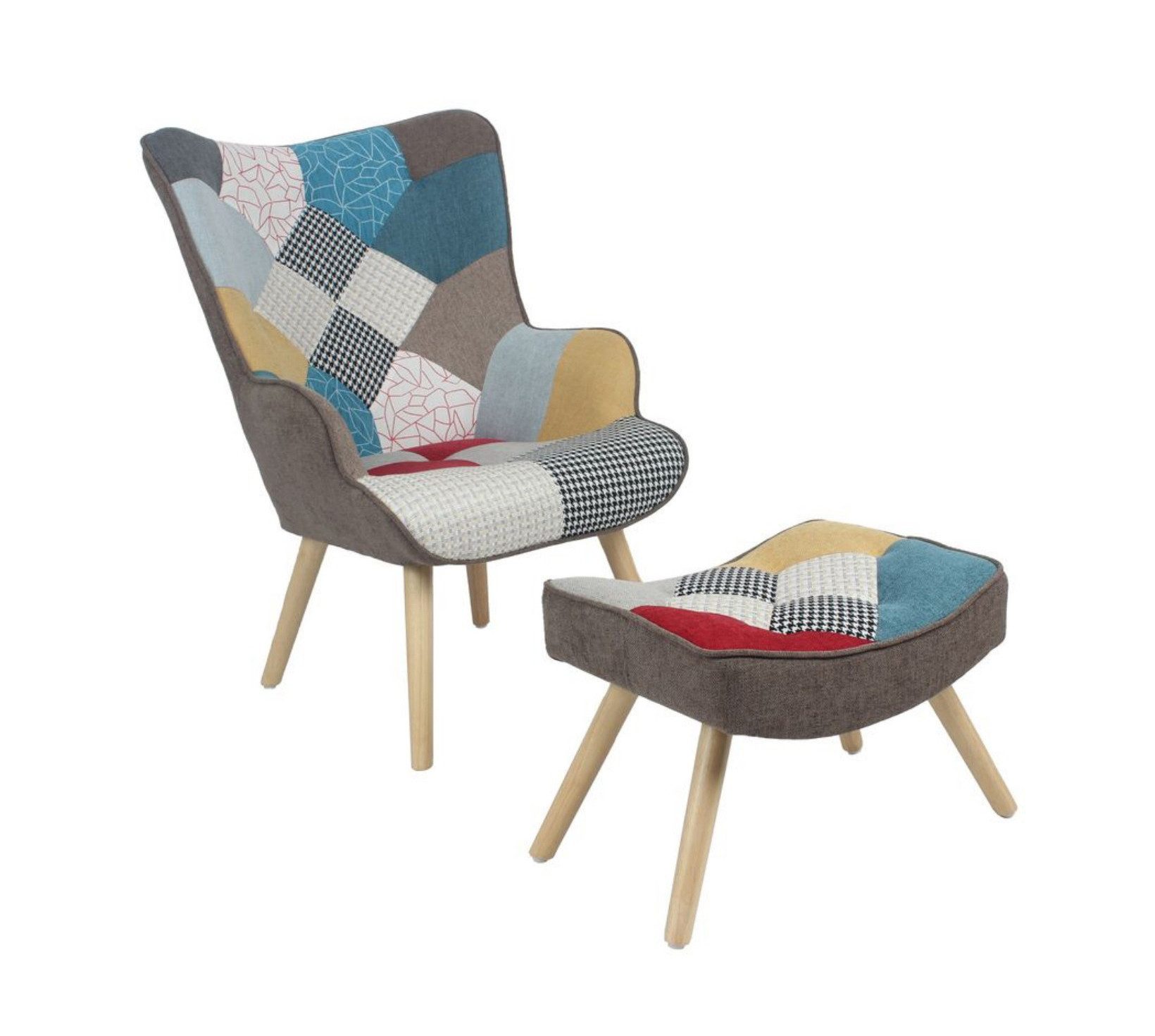 Happy Home Relaxsessel Relaxsessel mit Hocker, Patchwork Stoffbezug für Wohnzimmer & Leseecke