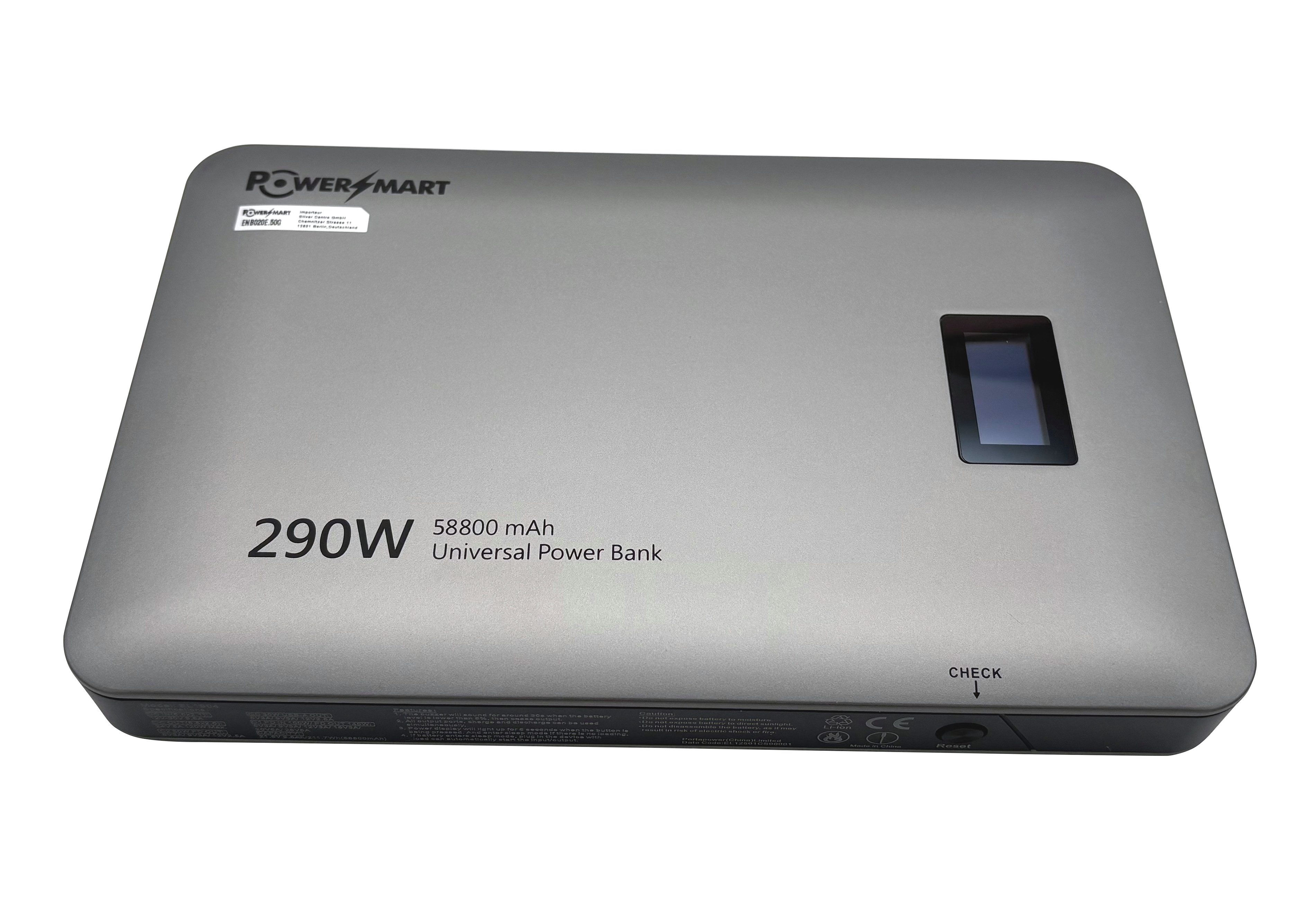 PowerSmart Powerbank 290W mit 2 USB-C Anschlüssen, 2 DC-Anschlüssen und 1 USB-A Anschluss, max. 58800 mAh (213 Wh), externer Akku mit Digitalanzeige, kompatibel mit MacBook Pro/Air, iPhone 17 Pro Max/Pro/16/15, Galaxy S24 Ultra und Dell Li-ion 58800 mAh