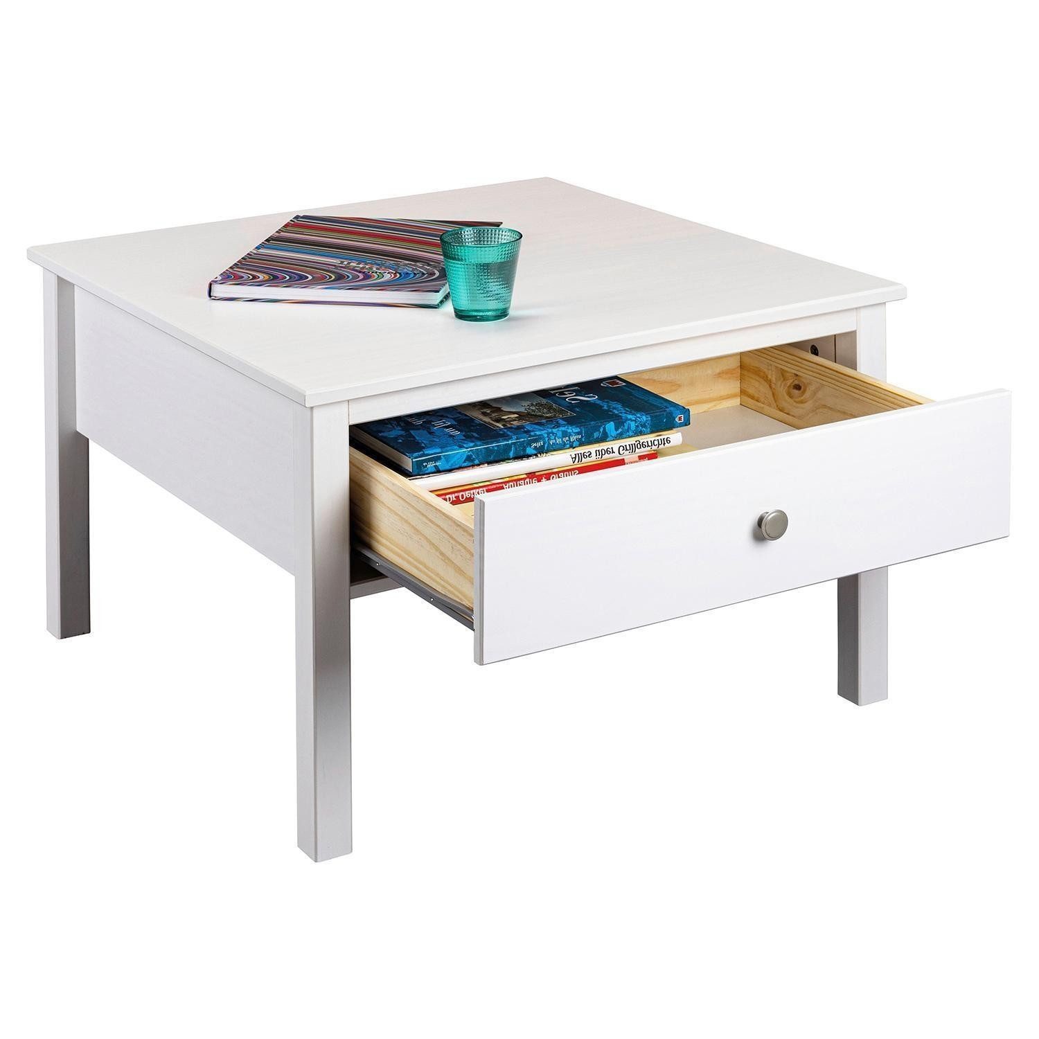 Inter Link Couchtisch CHILLY HOME, Weiß, Kiefernholz massiv, 1 Schublade, B 70 x H 47 x T 70 cm
