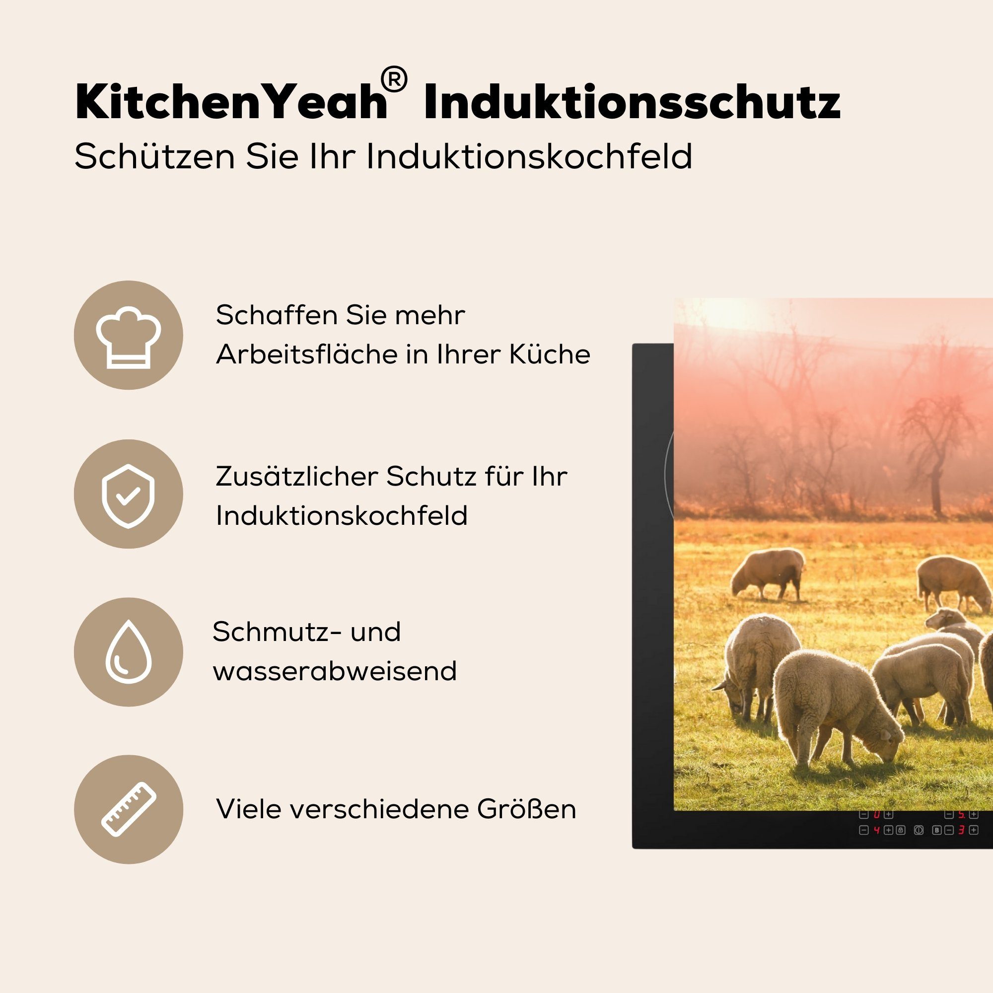 Vinyl, cm, 81x52 Ceranfeldabdeckung Herdblende-/Abdeckplatte - Schutz Schafe - küche, Tiere Gras, tlg), (1 MuchoWow die Induktionskochfeld für