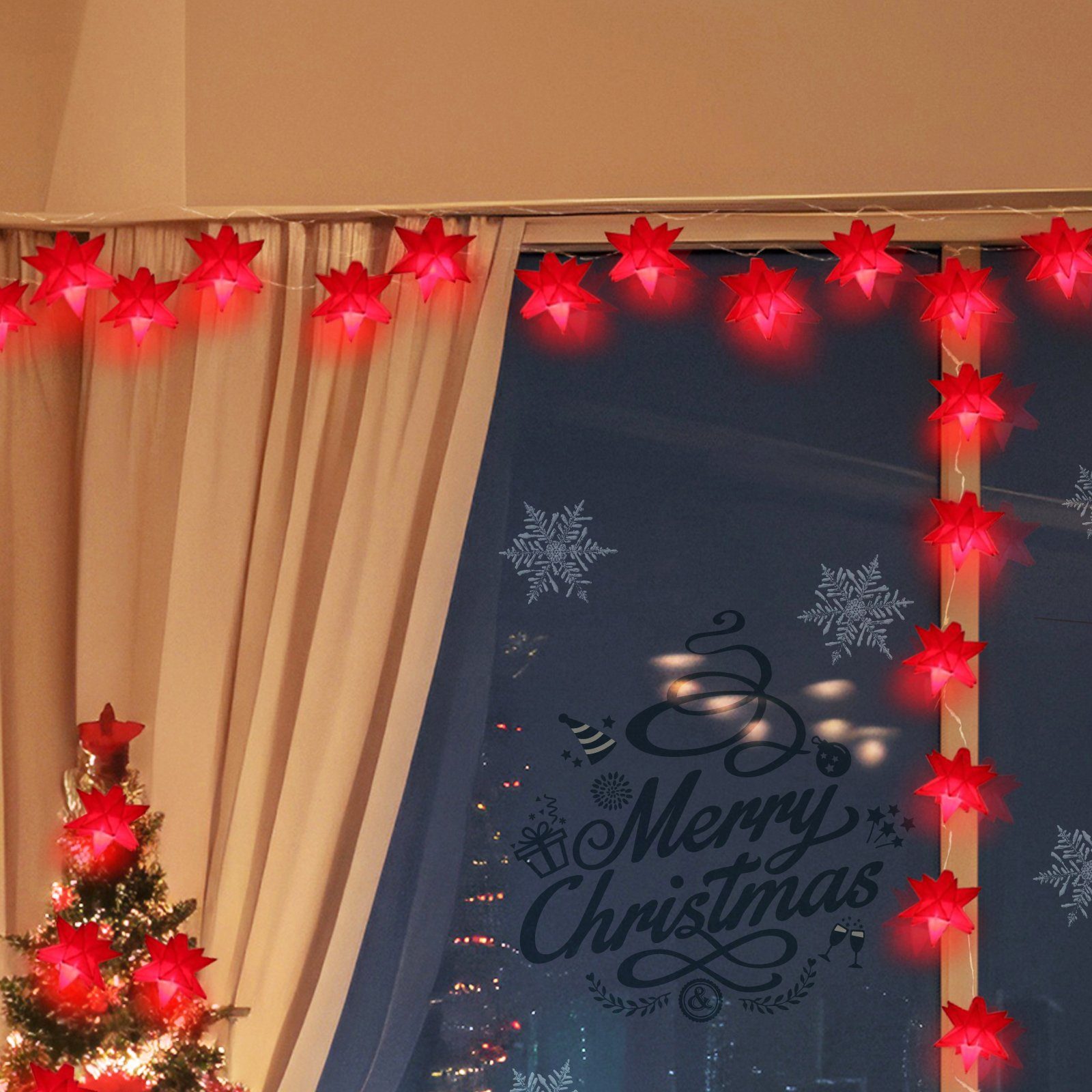 12 mit Timer Weihnachtsstern Spitzen, 3D 2m LED Sterne Stück Lichterkette 16 LED-Lichterkette Beleuchtet Lichterkette, Salcar mit Rot Leuchtstern 3D Fester 8cm Stern LED
