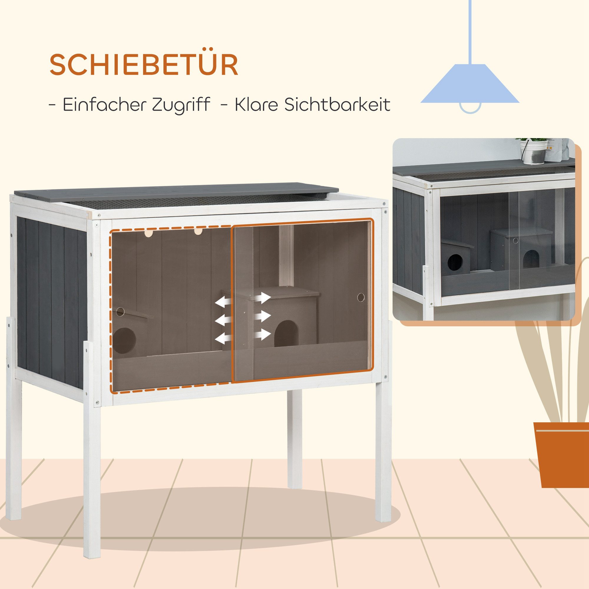 PawHut Kleintierkäfig aus Holz für Zwerghamster Nagerkäfig mit 2 Hütten und Zubehör, groß Mäusekäfig Käfig 82 x 45 x 81 cm Grau