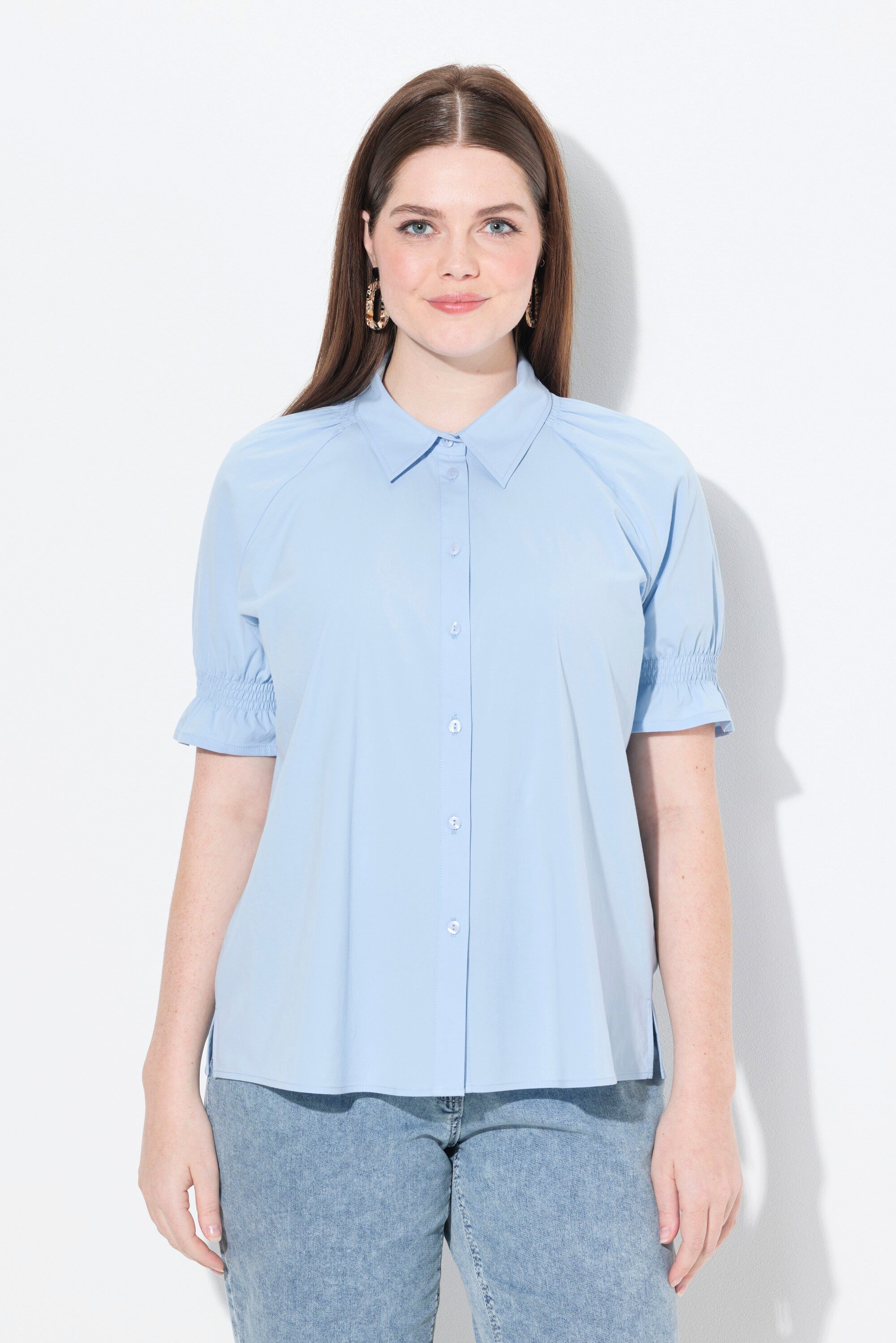 Ulla Popken Hemdbluse Shirtbluse Smokdetails Hemdkragen Halbarm günstig online kaufen