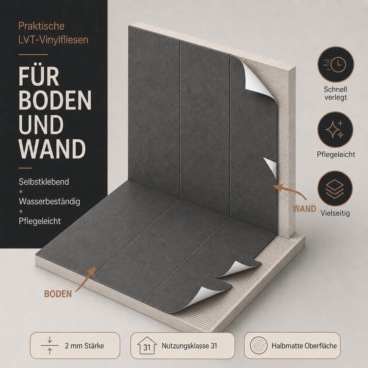 NoblesBox Designboden LVT Vinylboden selbstklebend 2 mm, 60 x 30 cm, für Boden, Wand & DIY, DIY-Renovierung, selbstklebend und leicht zuschneidbar – Bild 5 von 5