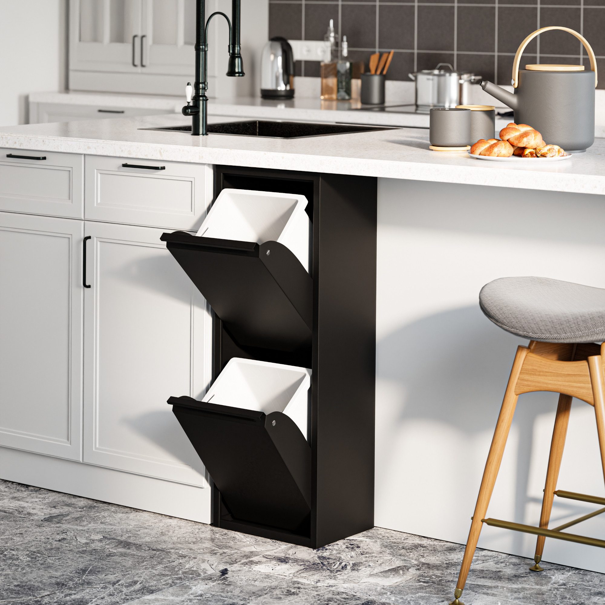 en.casa Mülltrennsystem, »Sollentuna« mit 2 Kippfächern Metall 2 x 14 L Eimer Schwarz