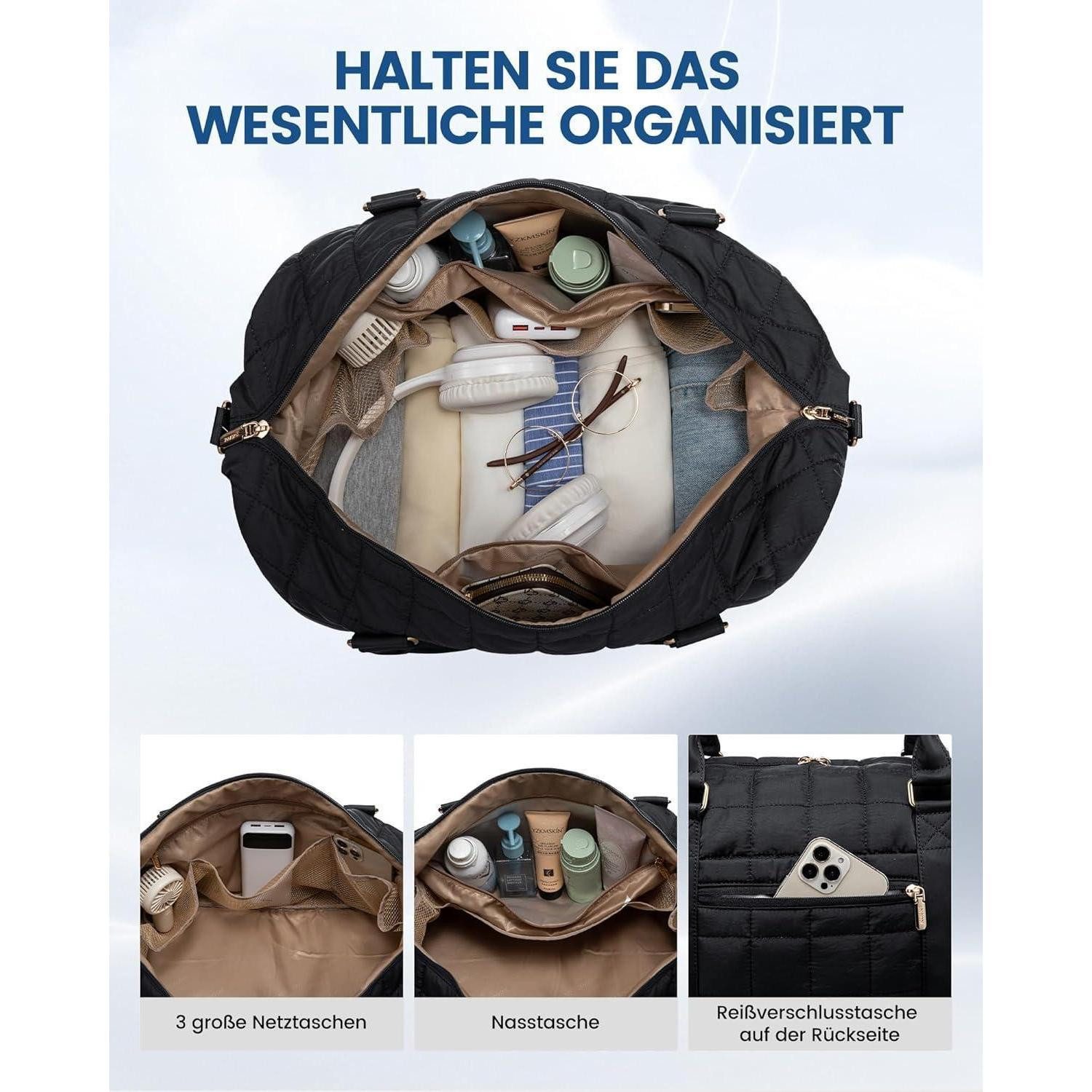 LuxusKollektion Weekender Leichte Reisetasche Damen mit Schuhfach & Nassfach, Schwarz – Bild 4 von 5