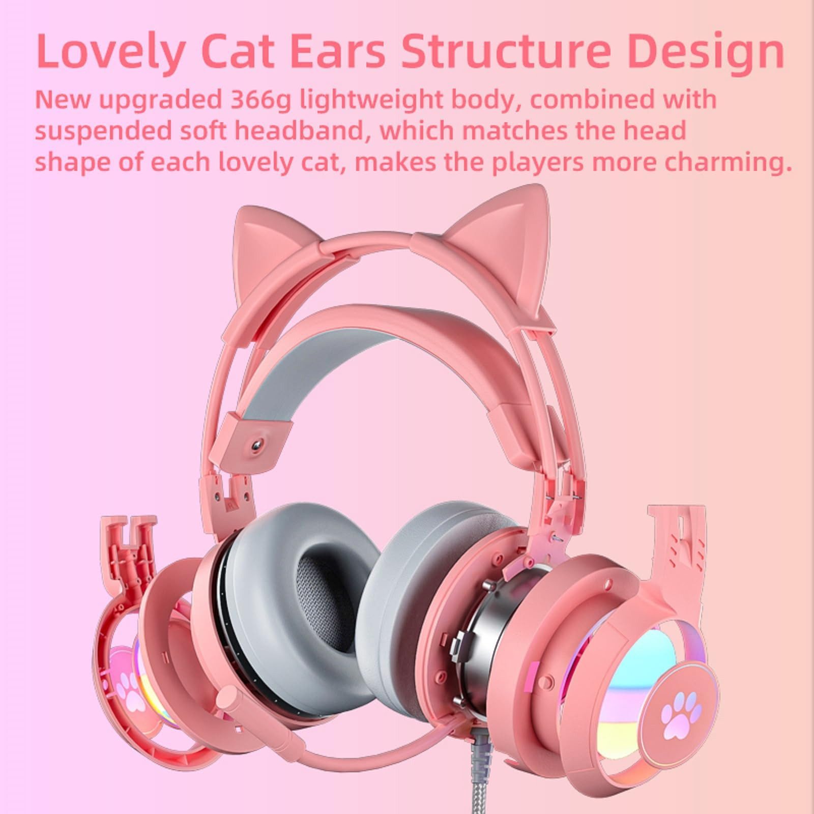 MOPUEA Gaming Headset mit Katzenohren & Mikrofon RGB Licht 3D Surround Sound Gaming-Headset (360° Mikrofon RGB Licht und weicher Komfort Kopfbügel)