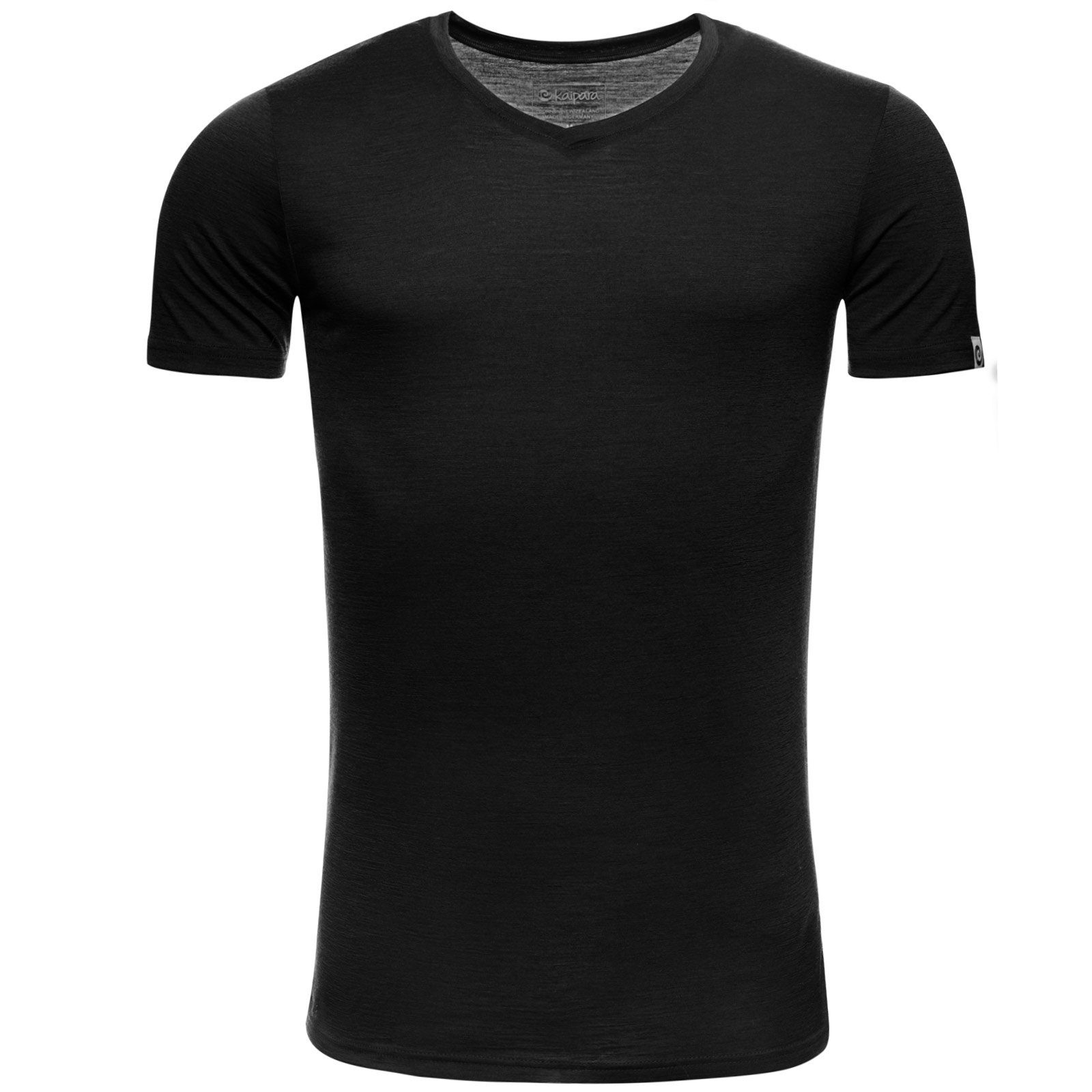 Kaipara - Merino Sportswear Funktionsshirt Merino Shirt Herren Kurzarm Slimfit V-Neck 150 (1-tlg) aus reiner Merinowolle Made in Germany Schwarz