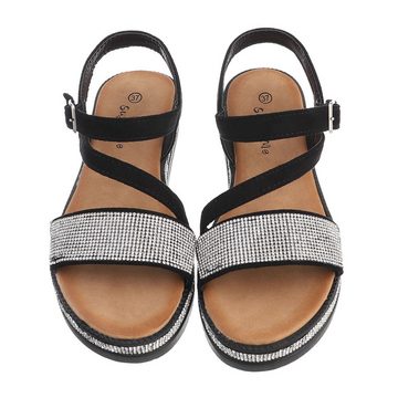 Ital-Design Damen Freizeit Riemchensandalette Flach Plateausandaletten in Schwarz