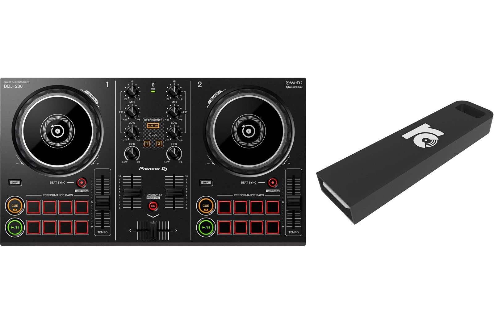 Pioneer DJ DJ Controller DDJ-200 Inkl. Pioneer Tasche + HDJ-X5 Kopfhörer + RC DJ USB Stick