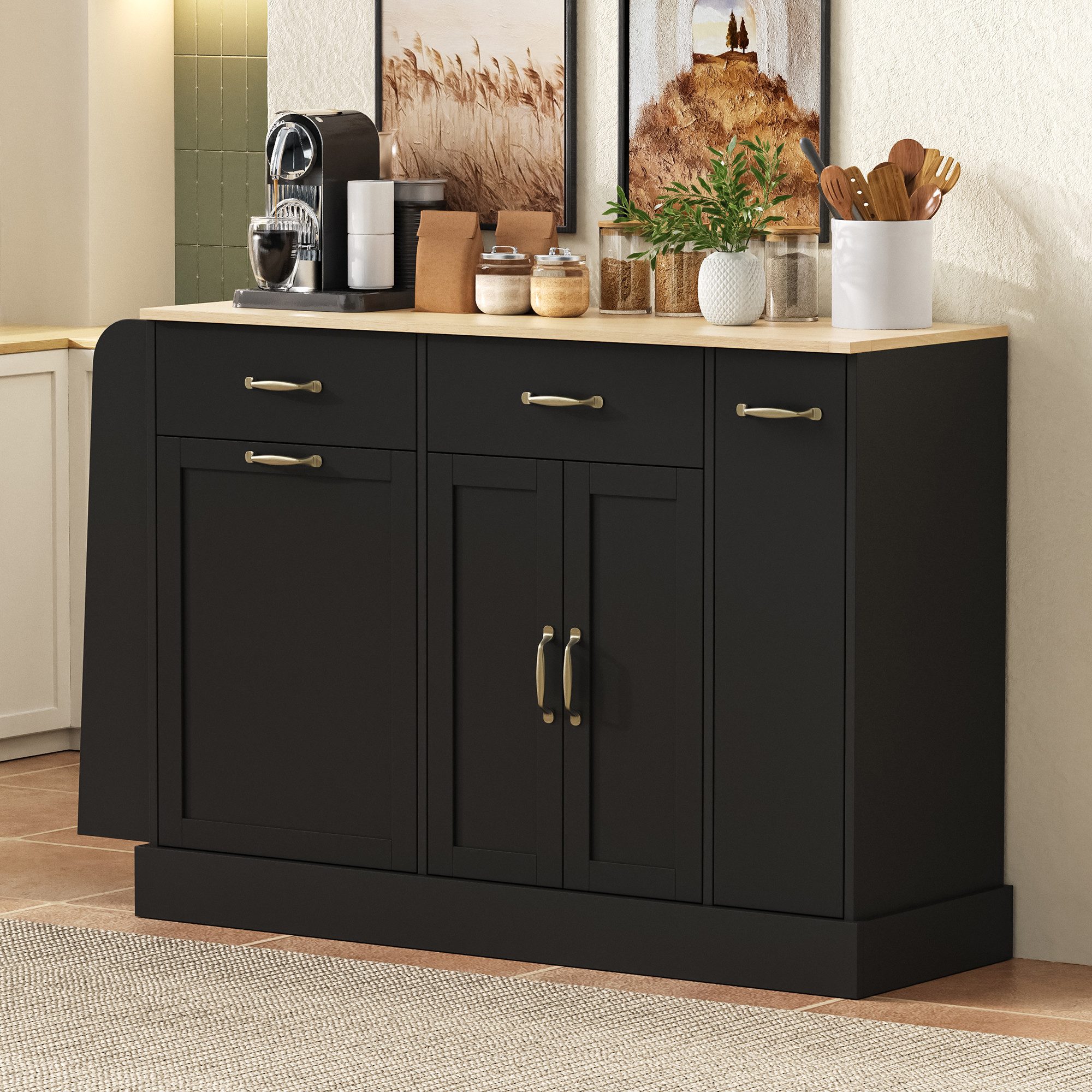 HAUSS SPOLE Sideboard mit Mülleimerfach,Küchenschrank mit Schubladen und Gewürzregal,Schwarz (Buffetschrank 133.5×40×86 mit Abfallbehälterfach), für Esszimmer oder Wohnzimmer