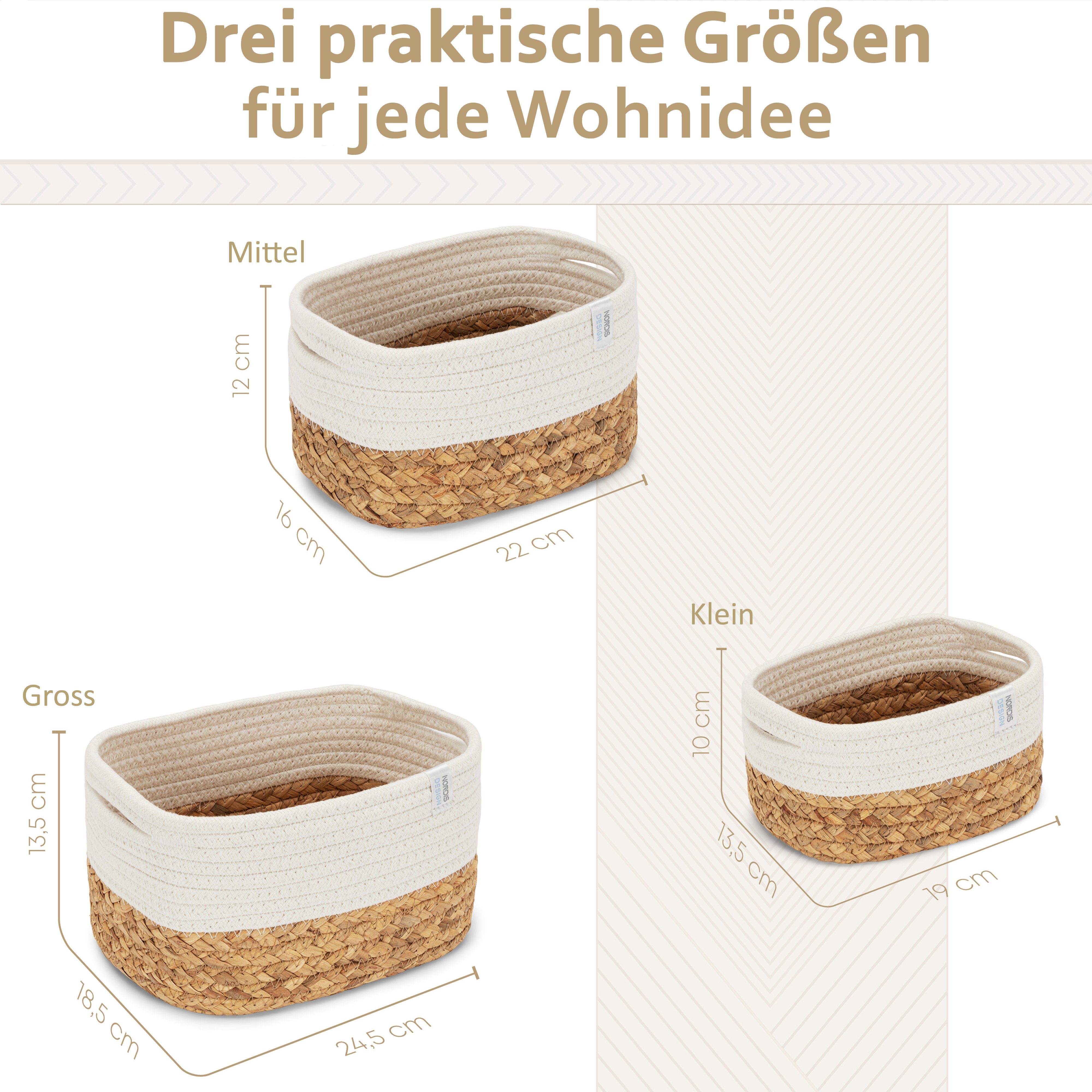 NORDIS DESIGN Aufbewahrungskorb Set "Alea" aus natürlicher Baumwolle und Wasserhyazinthe, (3er-Set), Dekokorb geflochten für Bad, Kinderzimmer und Schlafzimmer