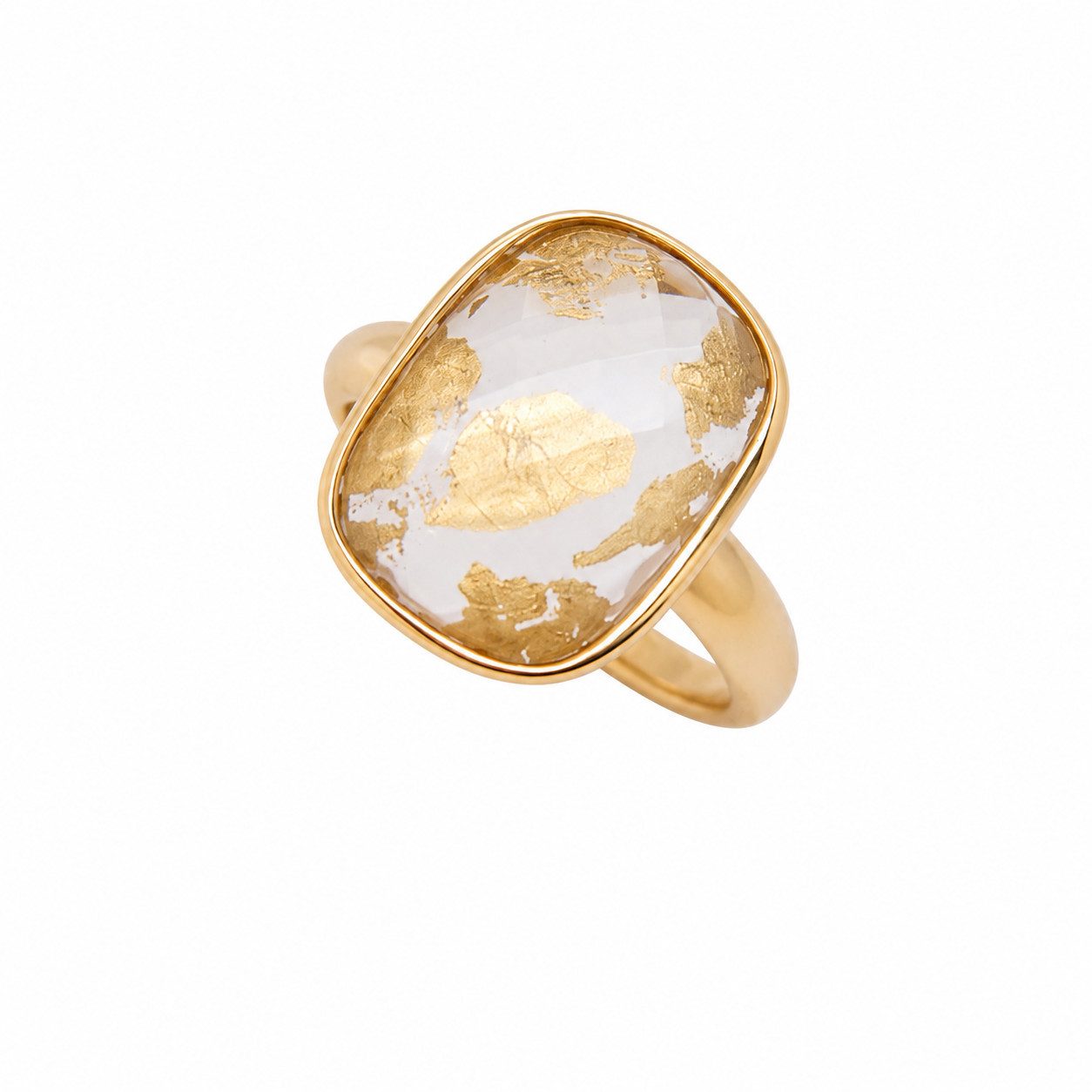 Sogni d'oro Fingerring "Goldmosaik" mit Bergkristall Blattgold Komposition, Silber 925 vergoldet
