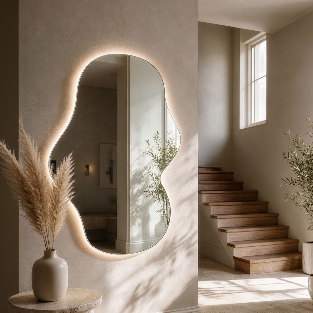 HOME DELUXE LED-Lichtspiegel asymmetrisch LACE, Rahmenloser Wandspiegel, Badezimmerspiegel