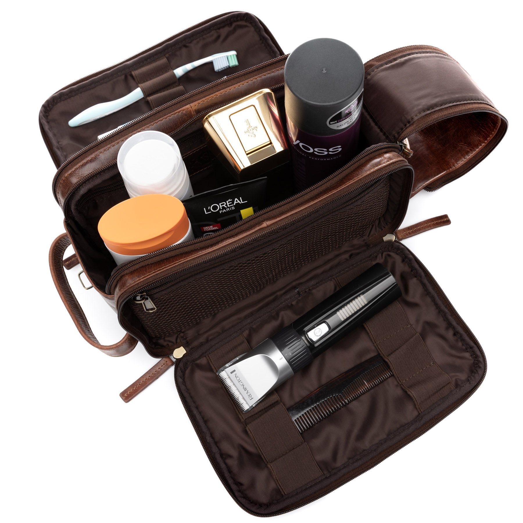 SID & VAIN Kulturbeutel echt Leder Kulturtasche groß Ledertasche braun LOUIS, Waschbeutel Echtleder für Damen & Herren, Kosmetiktasche braun-cognac