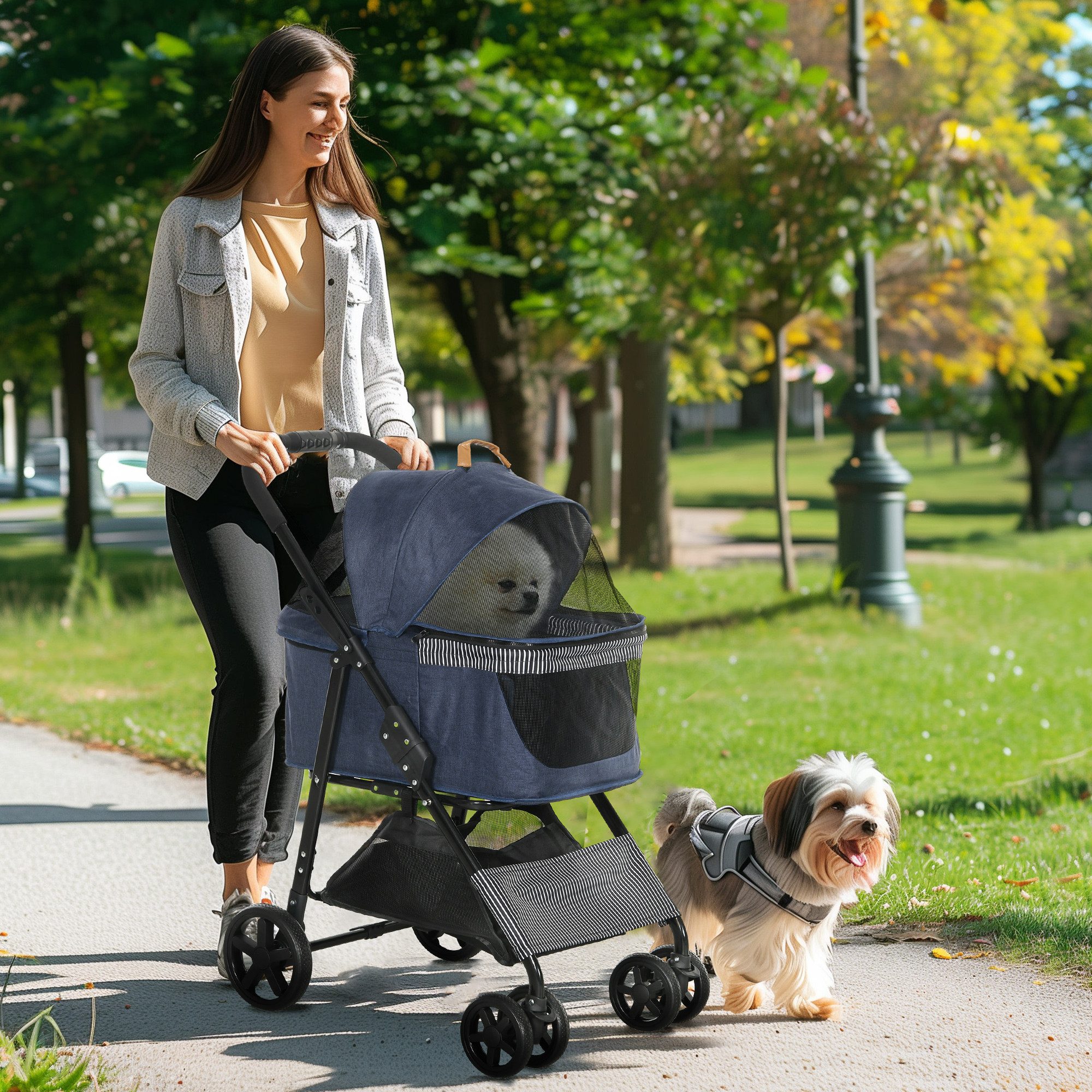 PawHut Hundebuggy mit Universal Rad, abnehmbar Abdeckung, (Haustierwagen, 1-tlg), Oxford Dunkelblau+Schwarz 77,5 x 51 x 99,5 cm